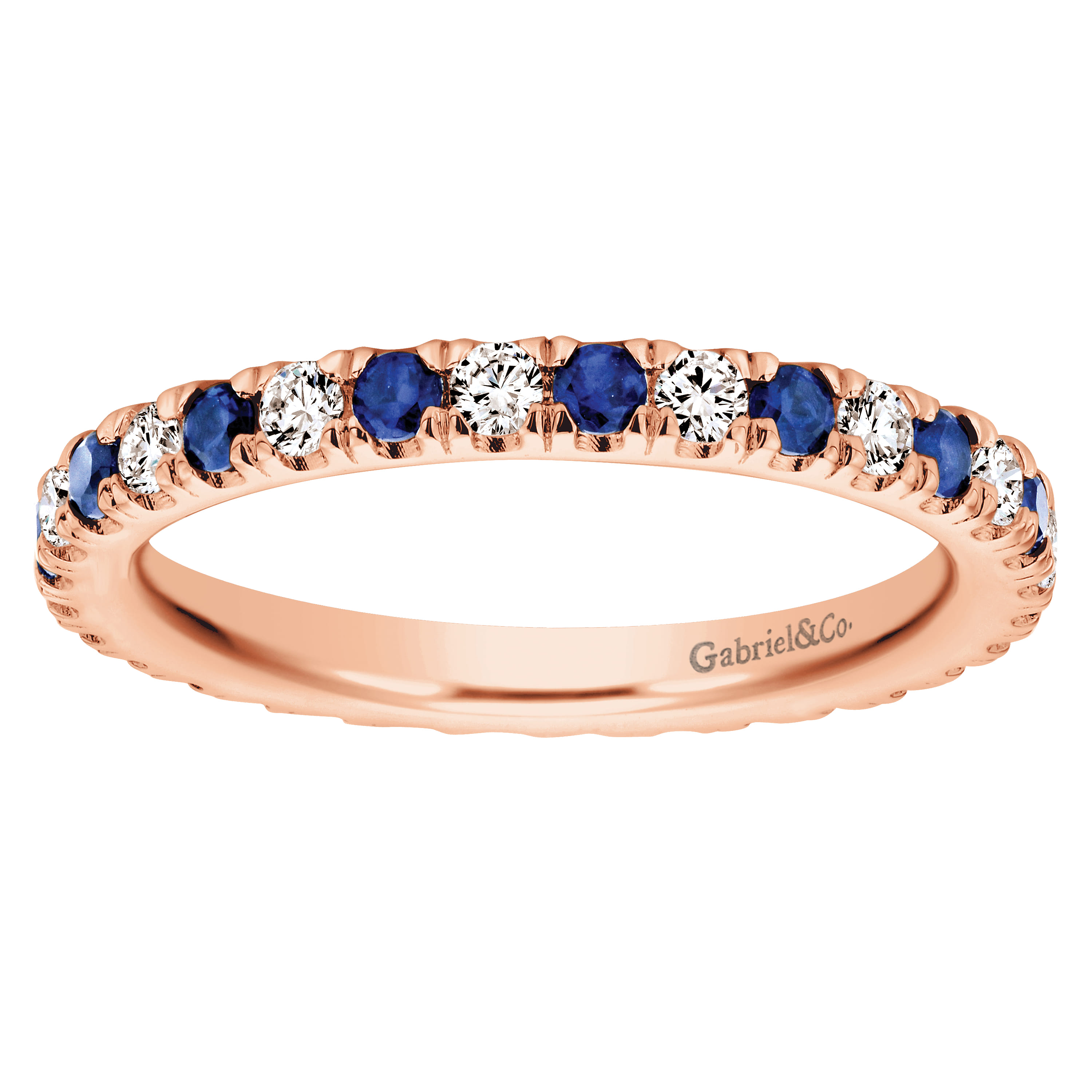 Eternity Band Wedding Ring in 14k Rose Gold with Round Sapphire at Gabriel & Co. - Shot 5