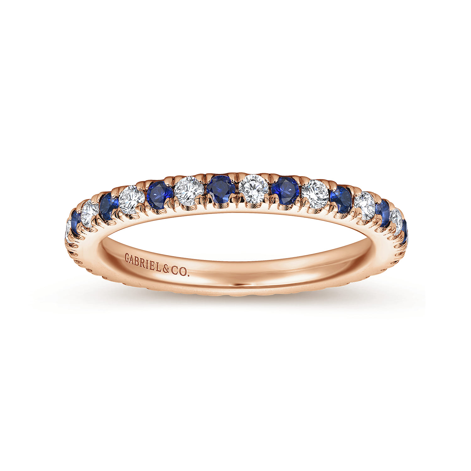 Eternity Band Wedding Ring in 14k Rose Gold with Round Sapphire at Gabriel & Co. - Shot 4