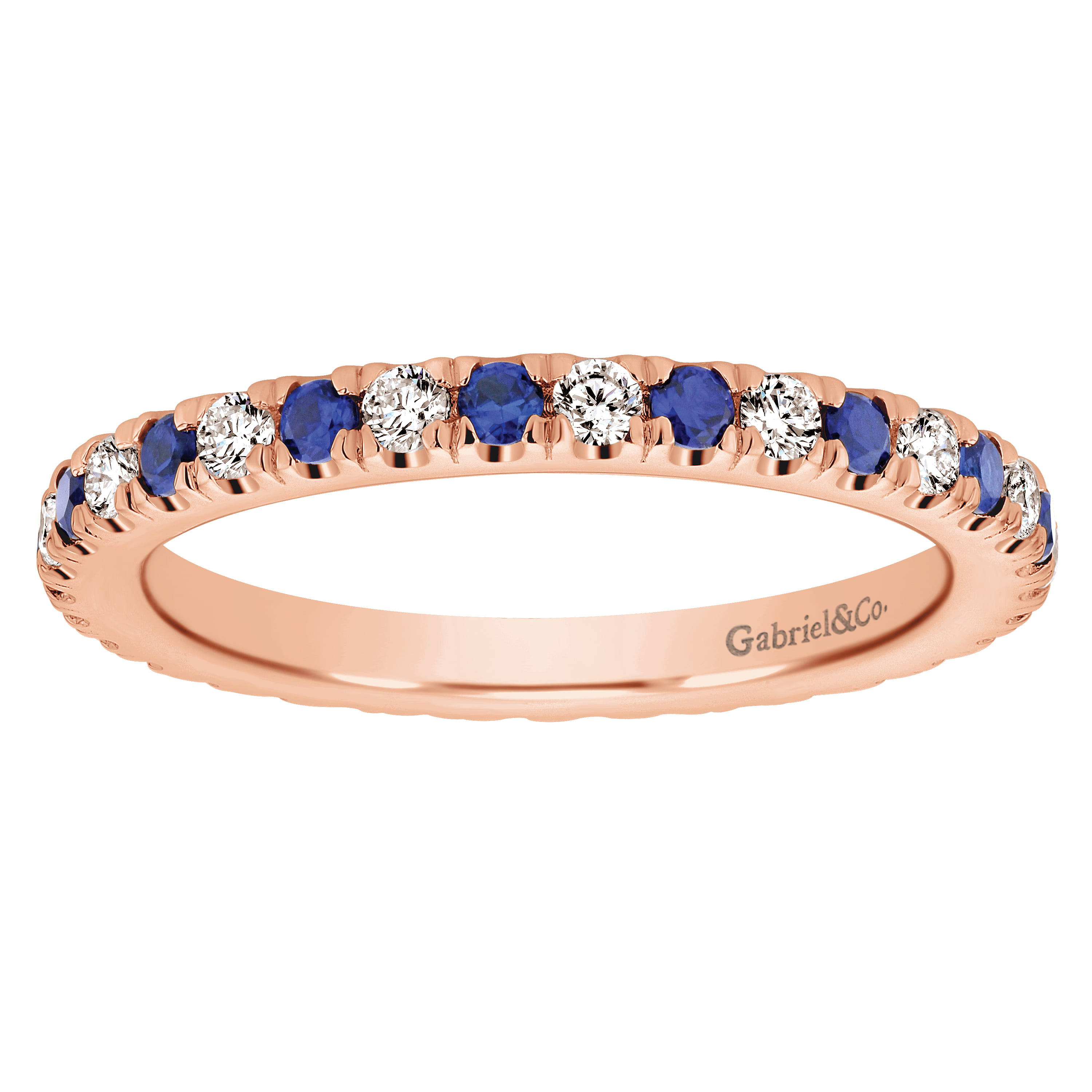 Eternity Band Wedding Ring in 14k Rose Gold with Round Sapphire at Gabriel & Co. - Shot 5