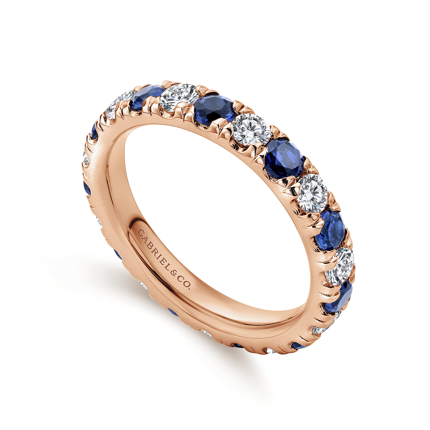 Eternity Band Wedding Ring in 14k Rose Gold with Round Sapphire at Gabriel & Co. - Shot 3