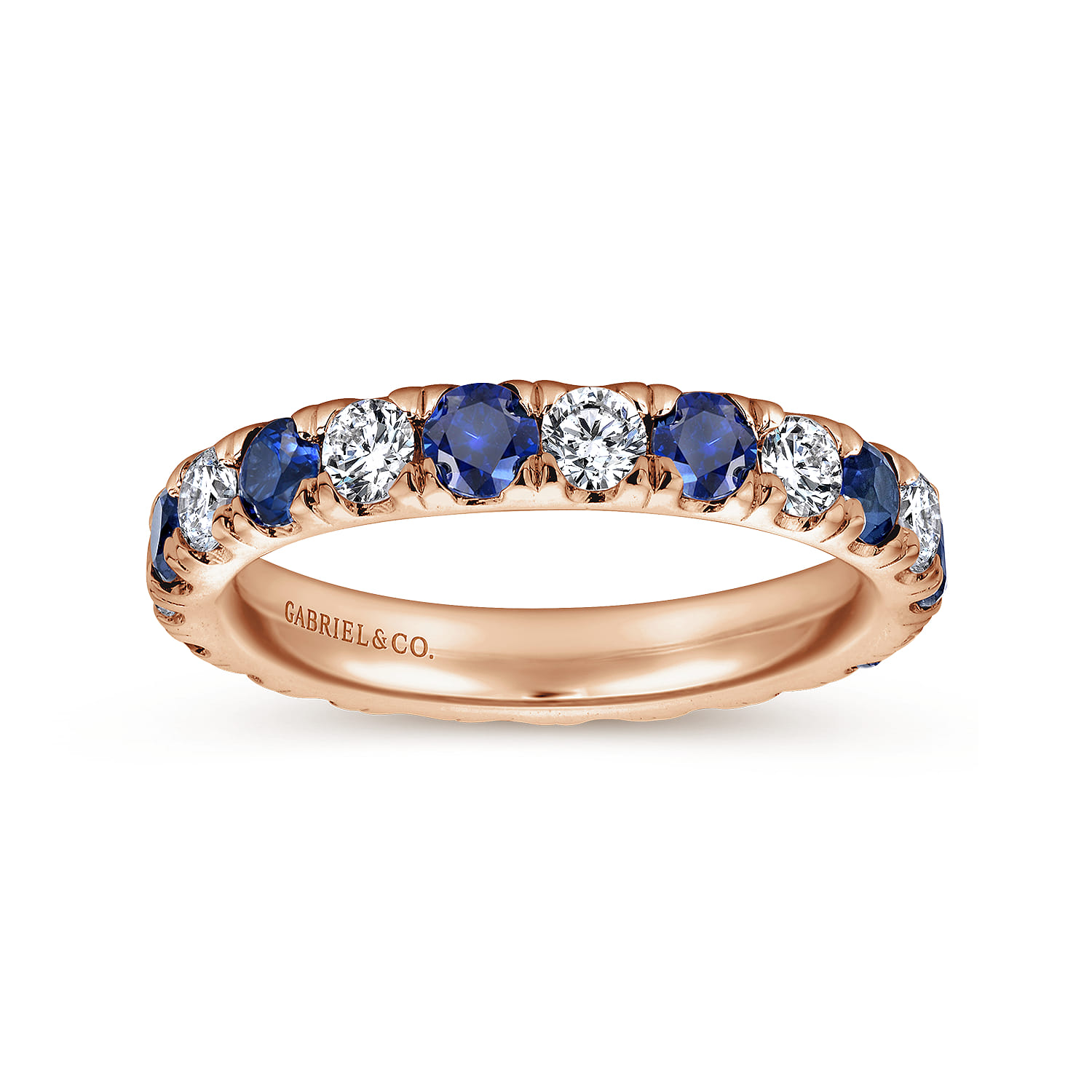 Eternity Band Wedding Ring in 14k Rose Gold with Round Sapphire at Gabriel & Co. - Shot 4