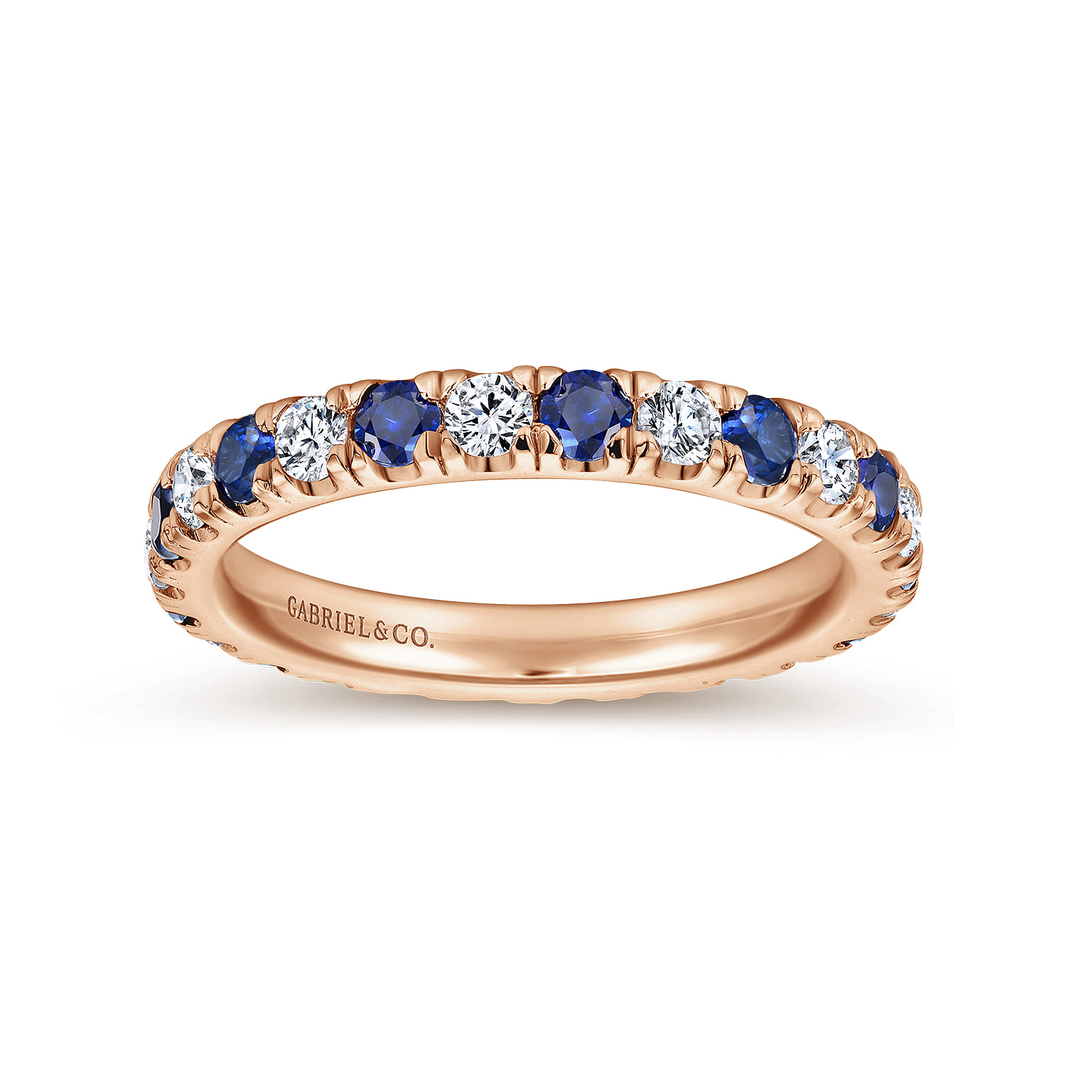Eternity Band Wedding Ring in 14k Rose Gold with Round Sapphire at Gabriel & Co. - Shot 4