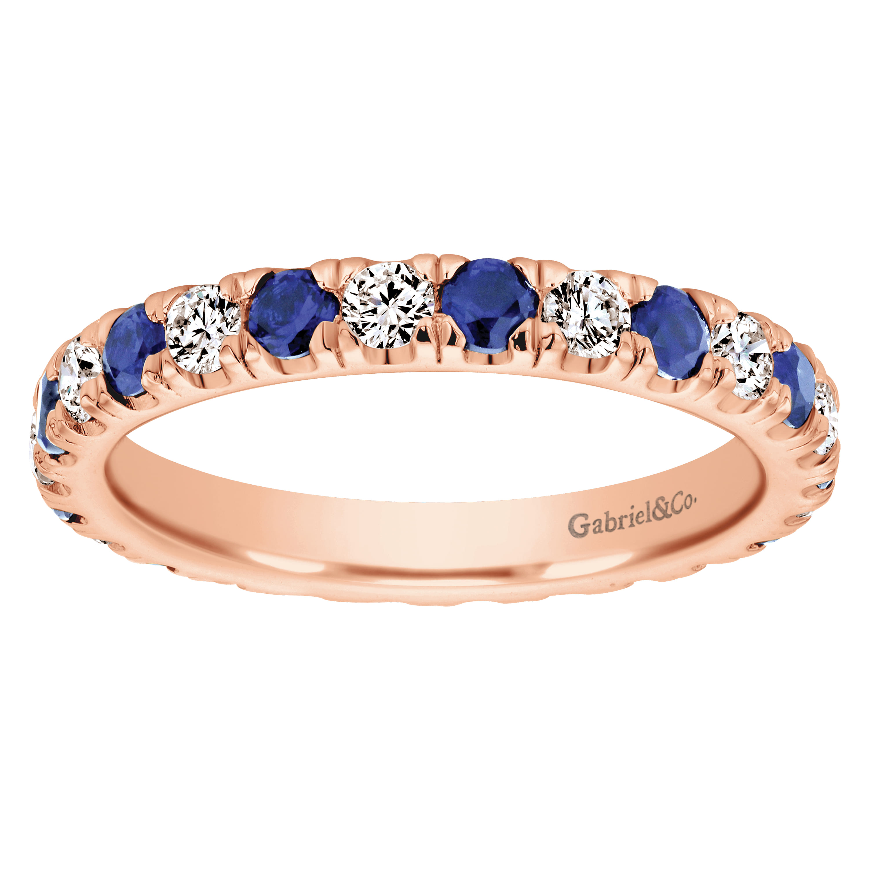 Eternity Band Wedding Ring in 14k Rose Gold with Round Sapphire at Gabriel & Co. - Shot 5
