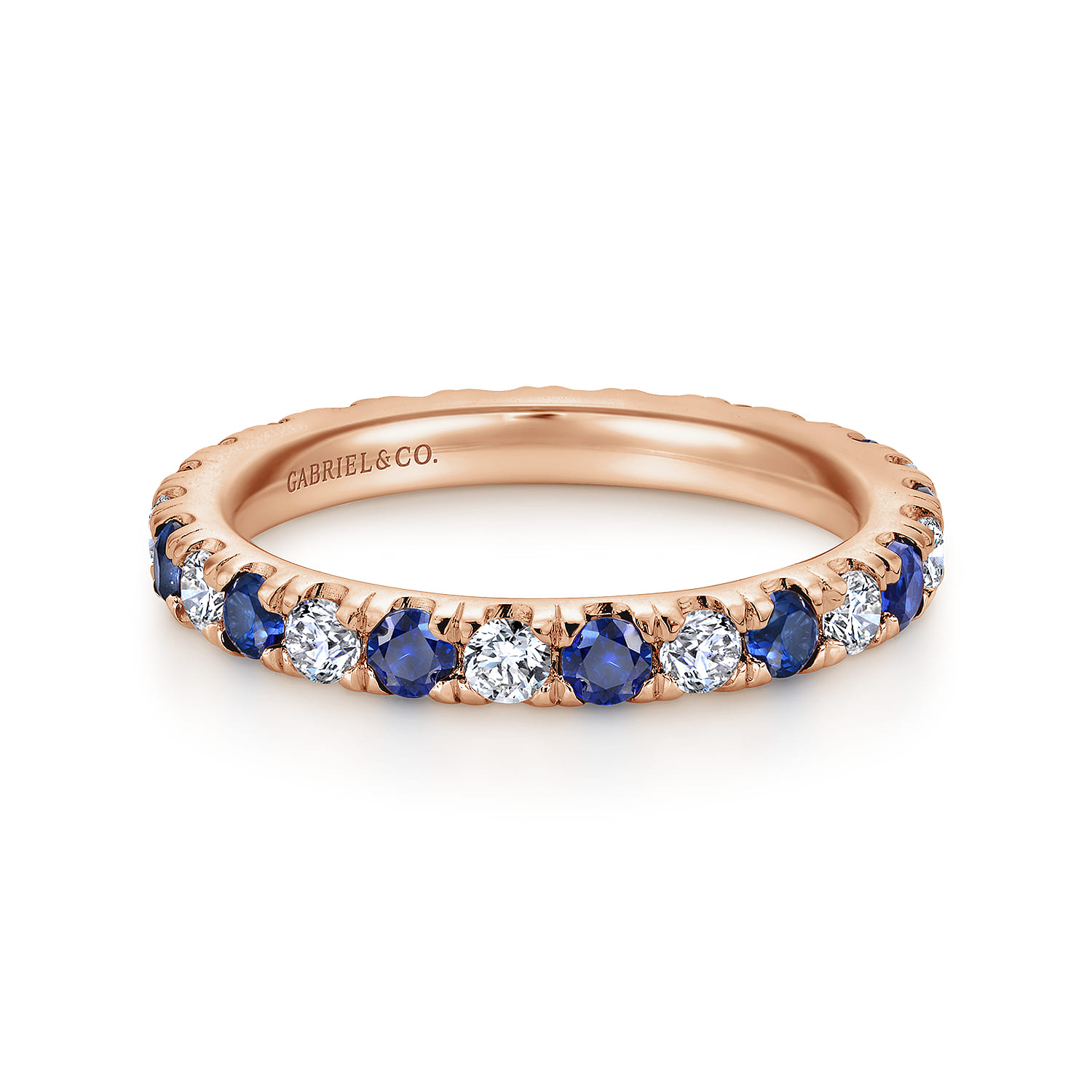 Eternity Band Wedding Ring in 14k Rose Gold with Round Sapphire at Gabriel & Co. - Shot 1