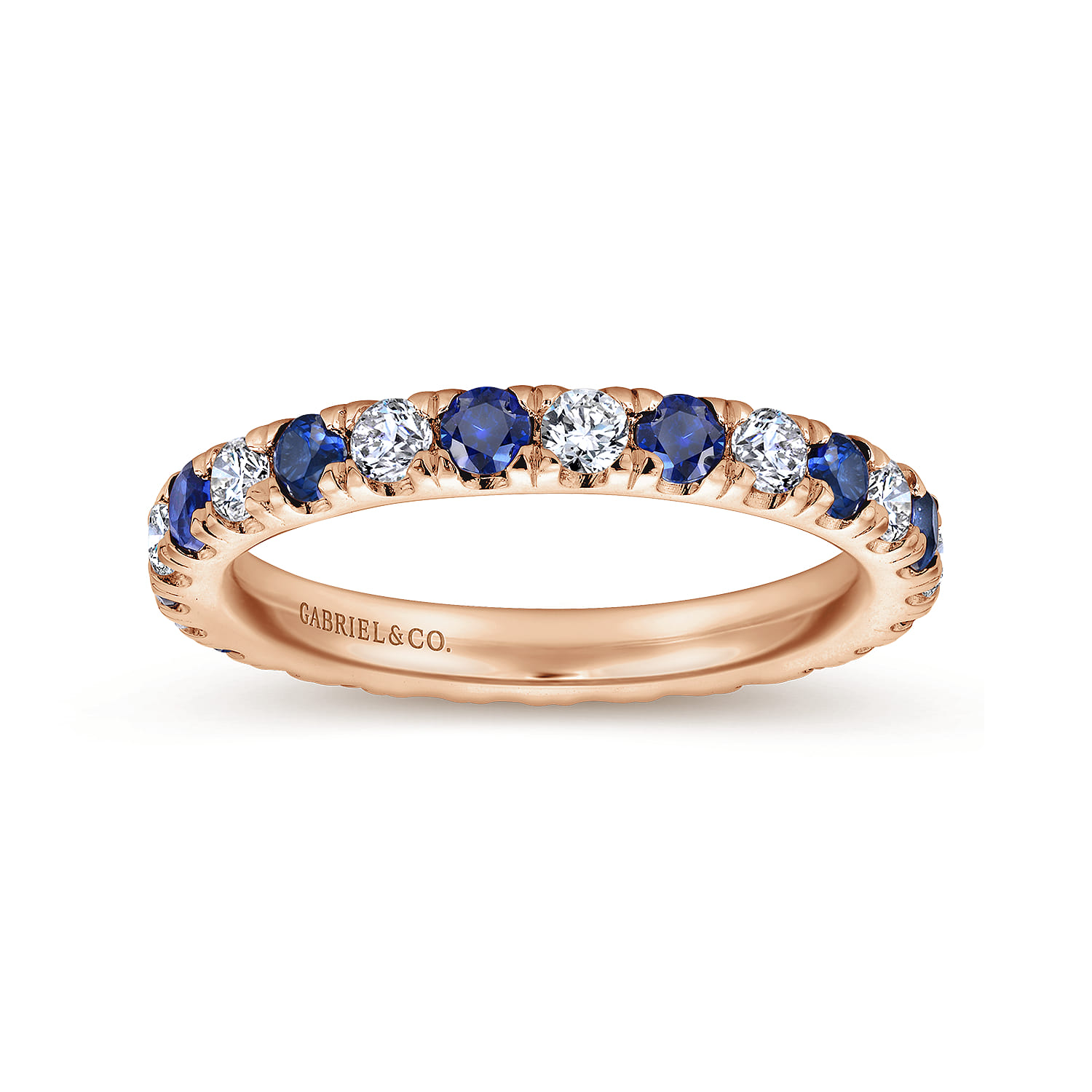 Eternity Band Wedding Ring in 14k Rose Gold with Round Sapphire at Gabriel & Co. - Shot 4