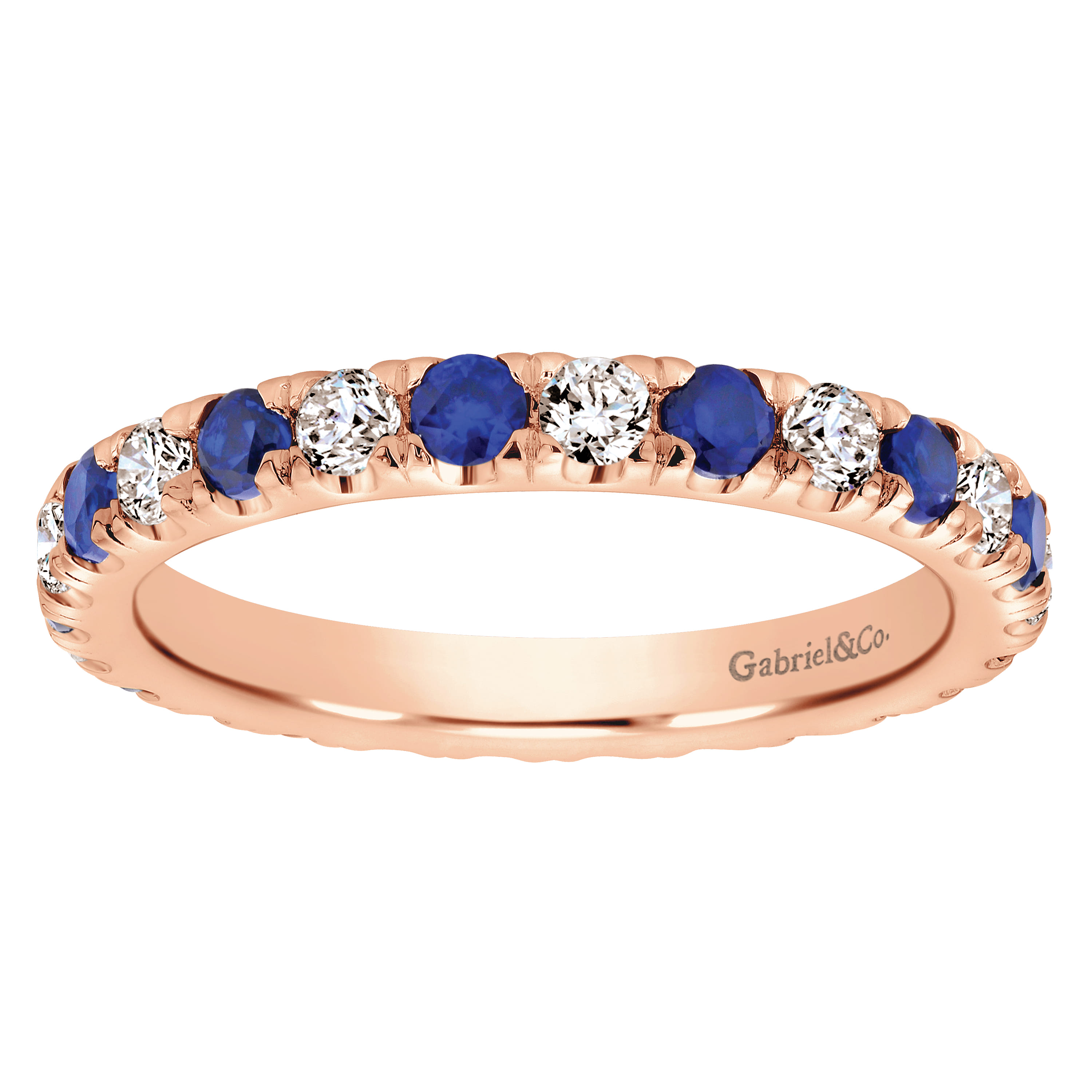 Eternity Band Wedding Ring in 14k Rose Gold with Round Sapphire at Gabriel & Co. - Shot 5