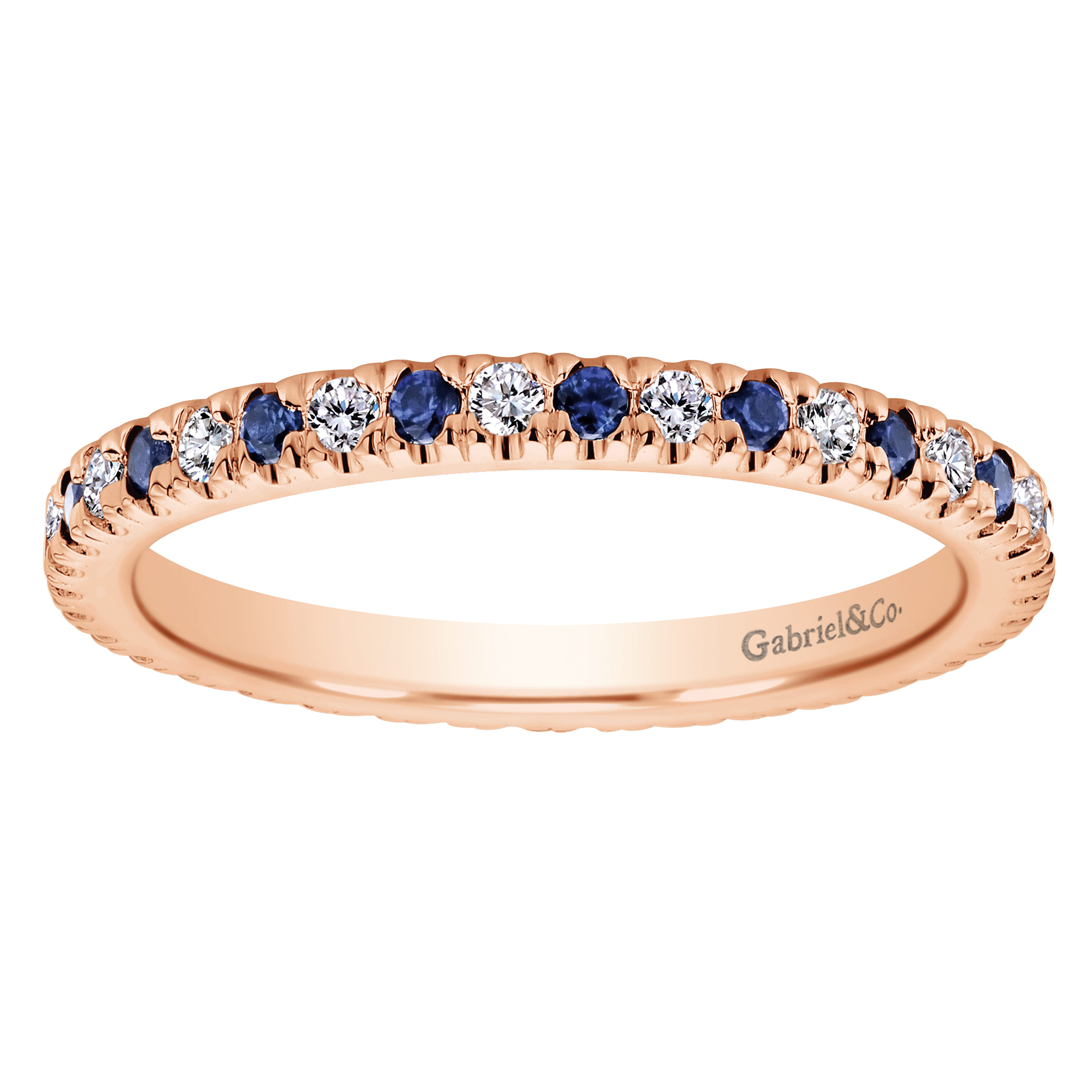 Eternity Band Wedding Ring in 14k Rose Gold with Round Sapphire at Gabriel & Co. - Shot 5