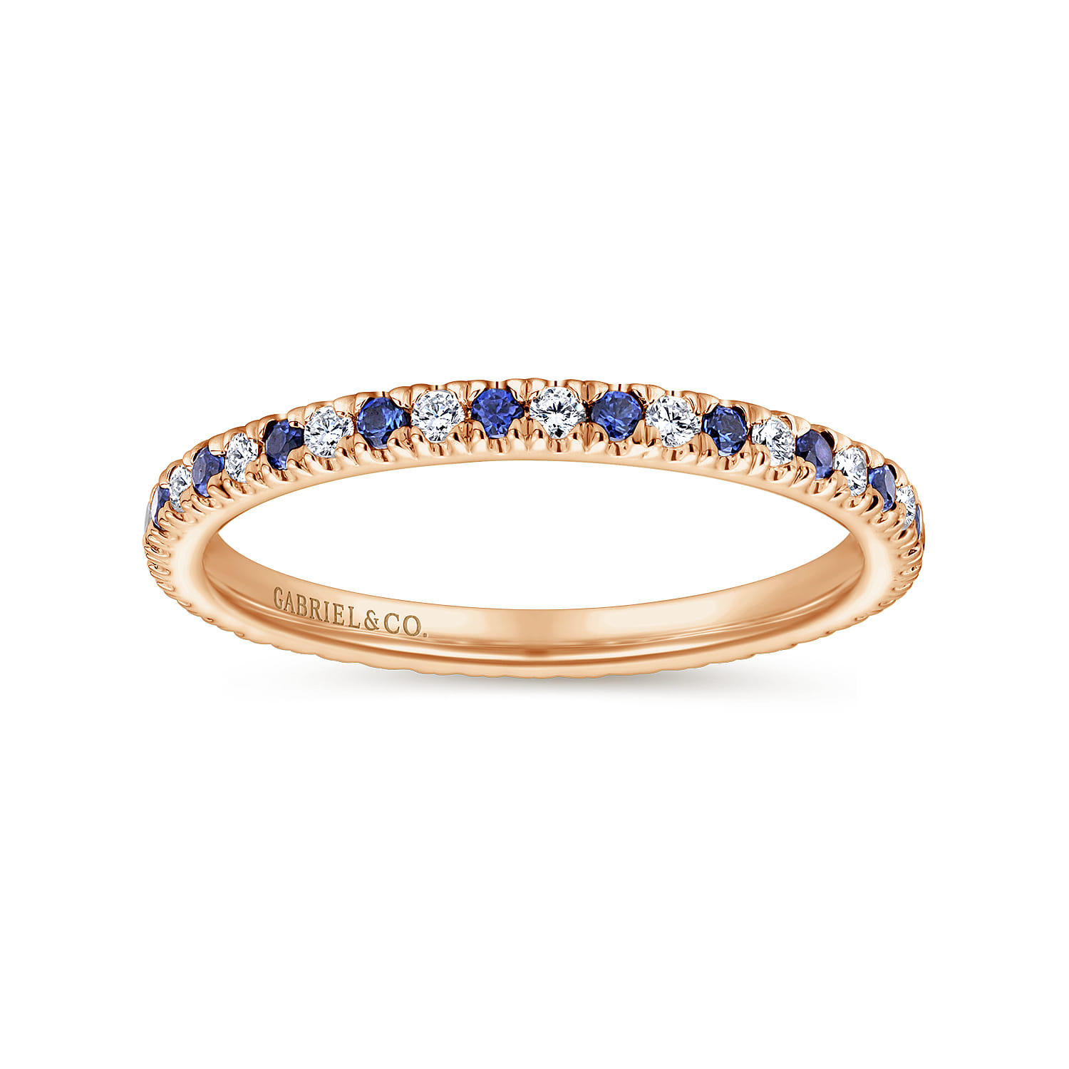 Eternity Band Wedding Ring in 14k Rose Gold with Round Sapphire at Gabriel & Co. - Shot 5