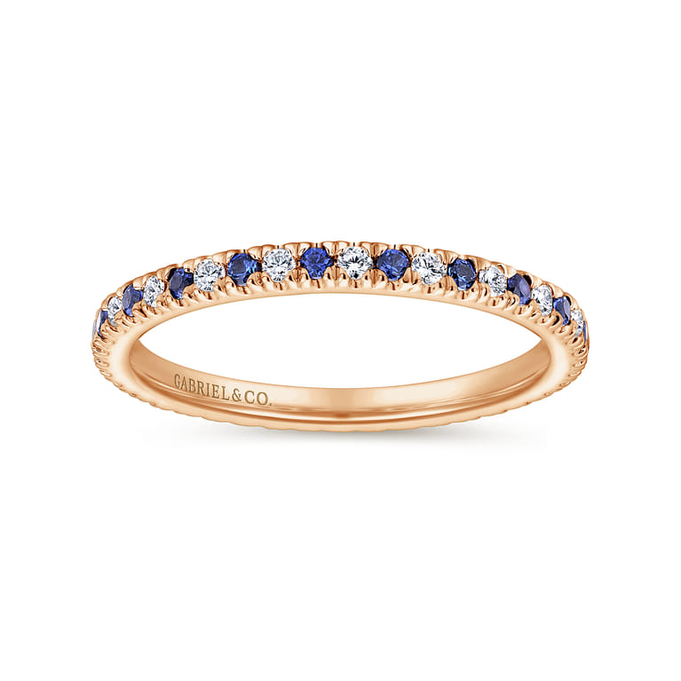 Eternity Band Wedding Ring in 14k Rose Gold with Round Sapphire at Gabriel & Co. - Shot 5