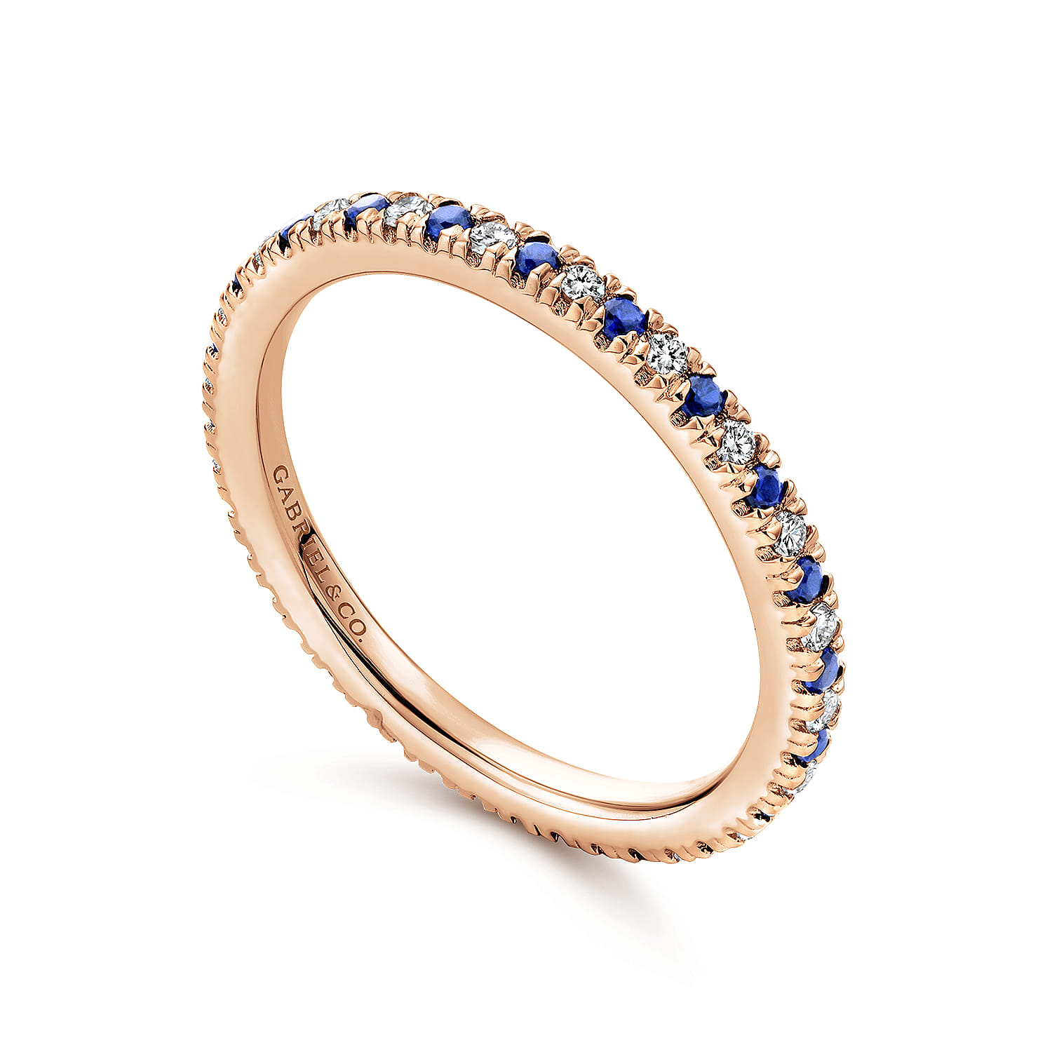 Eternity Band Wedding Ring in 14k Rose Gold with Round Sapphire at Gabriel & Co. - Shot 3