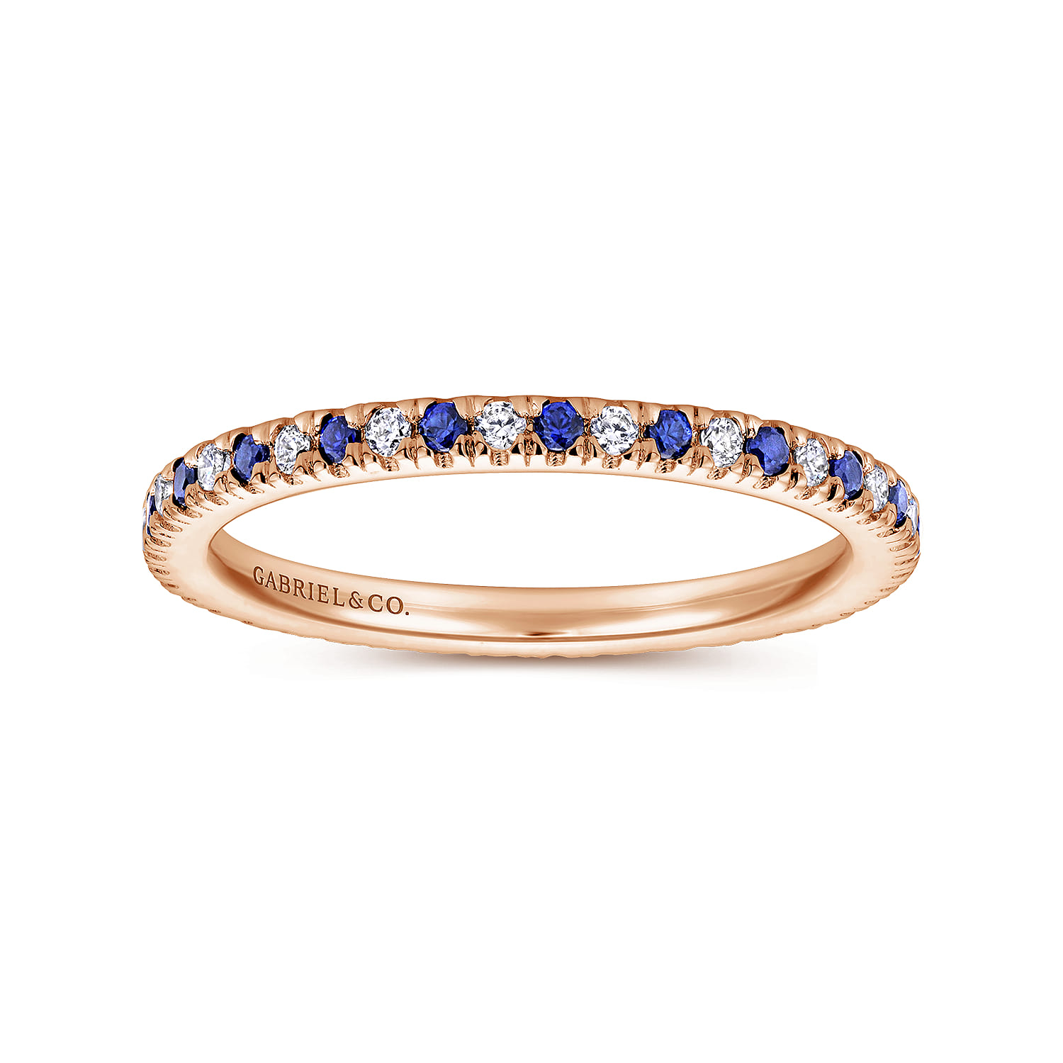 Eternity Band Wedding Ring in 14k Rose Gold with Round Sapphire at Gabriel & Co. - Shot 4