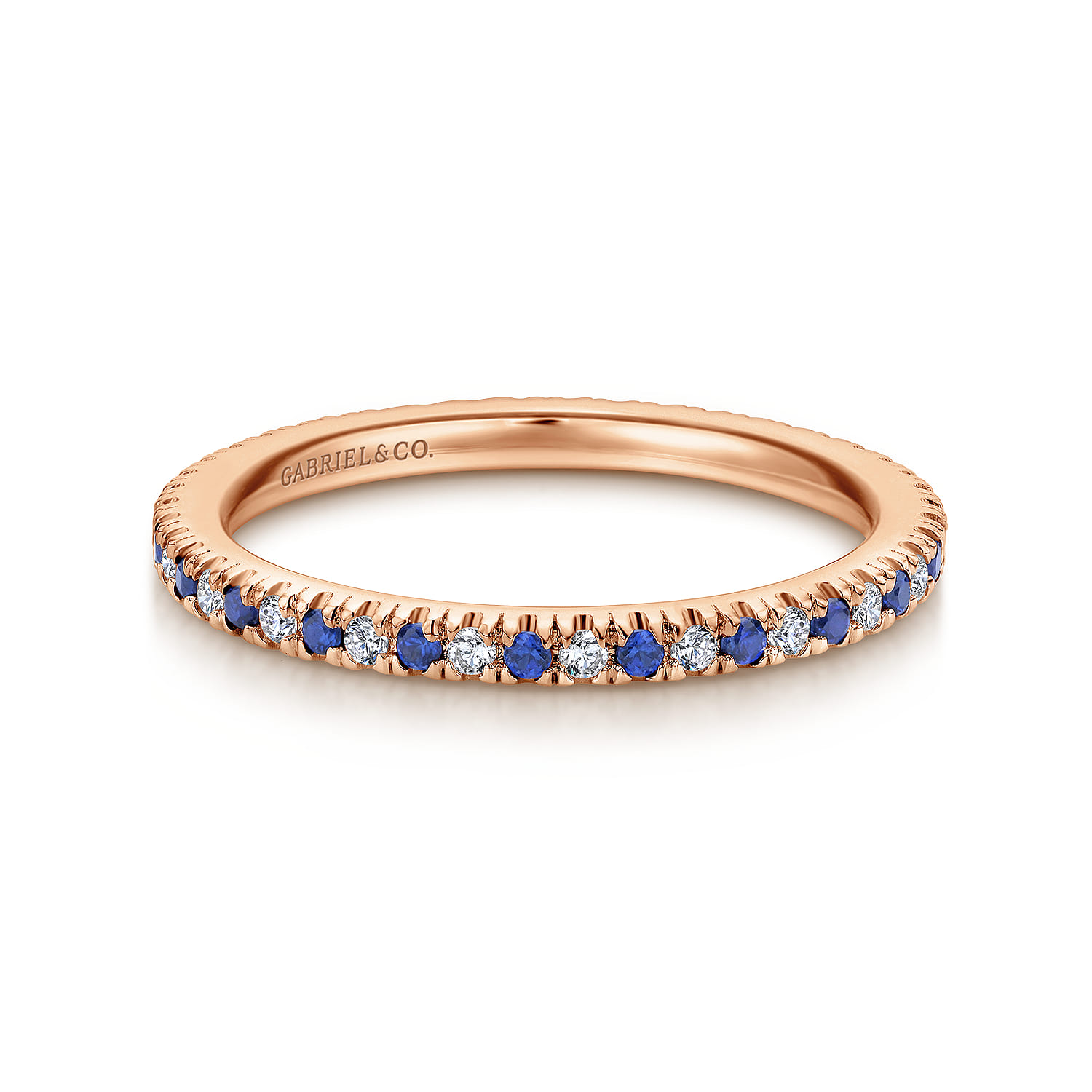 Eternity Band Wedding Ring in 14k Rose Gold with Round Sapphire at Gabriel & Co. - Shot 1