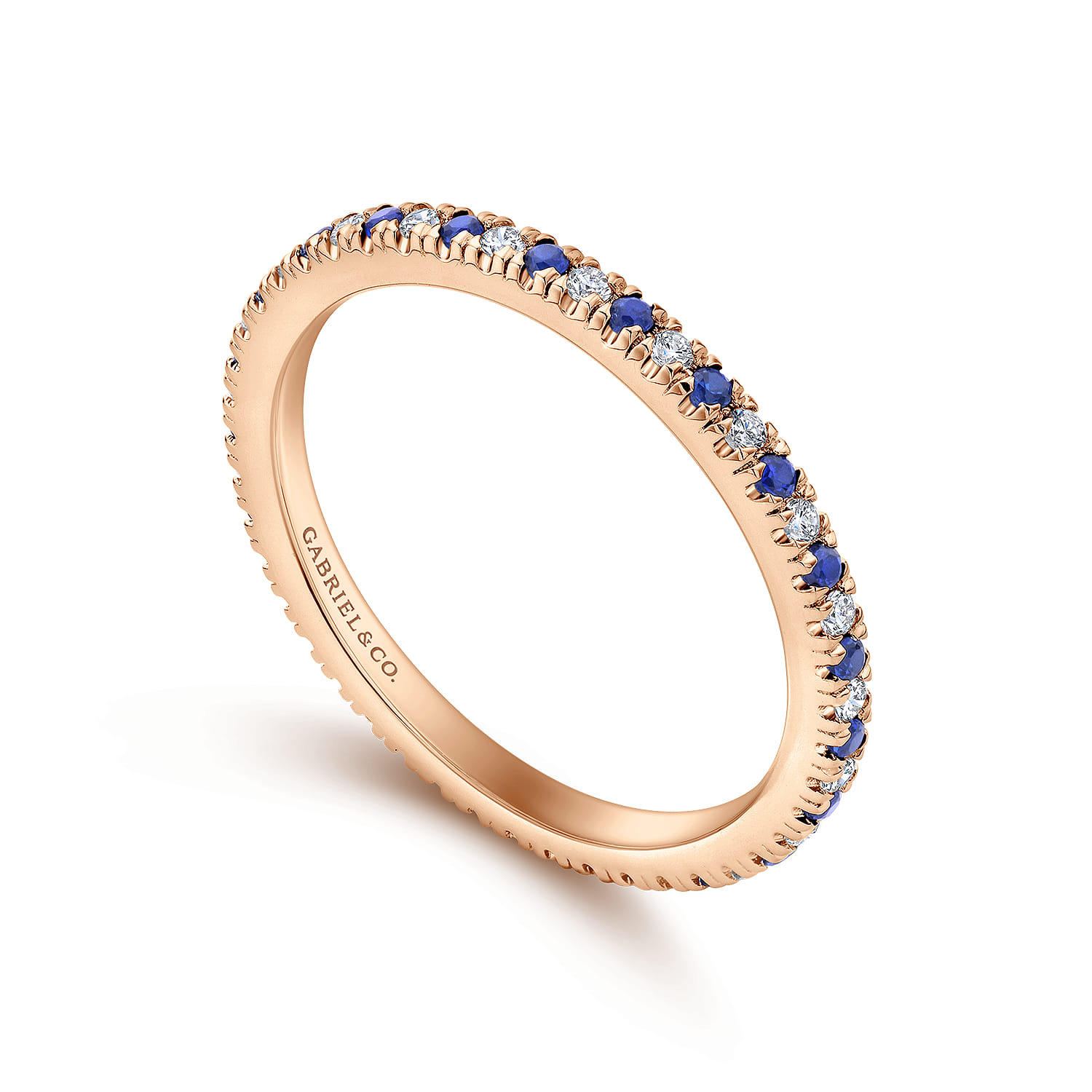 Eternity Band Wedding Ring in 14k Rose Gold with Round Sapphire at Gabriel & Co. - Shot 3