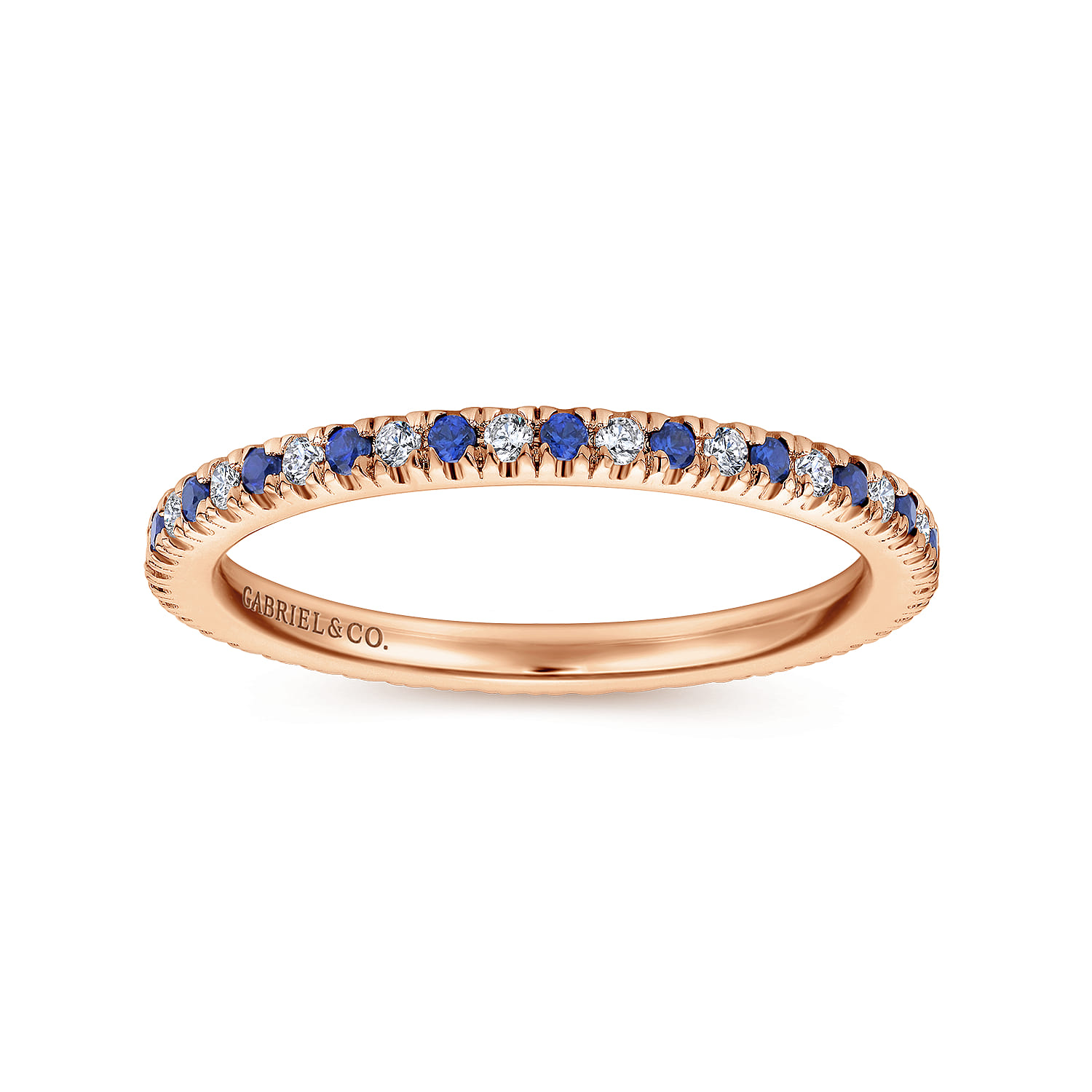 Eternity Band Wedding Ring in 14k Rose Gold with Round Sapphire at Gabriel & Co. - Shot 4
