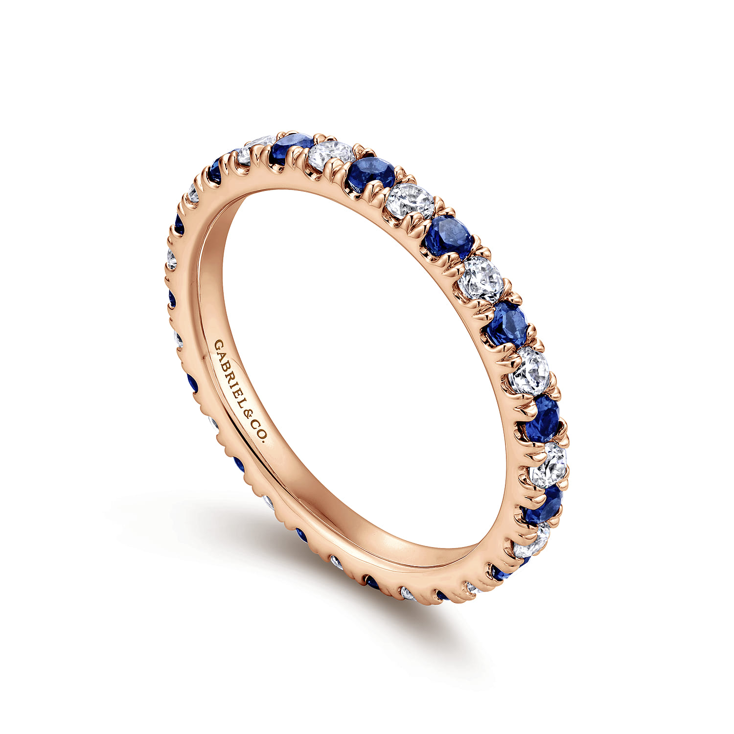 Eternity Band Wedding Ring in 14k Rose Gold with Round Sapphire at Gabriel & Co. - Shot 3