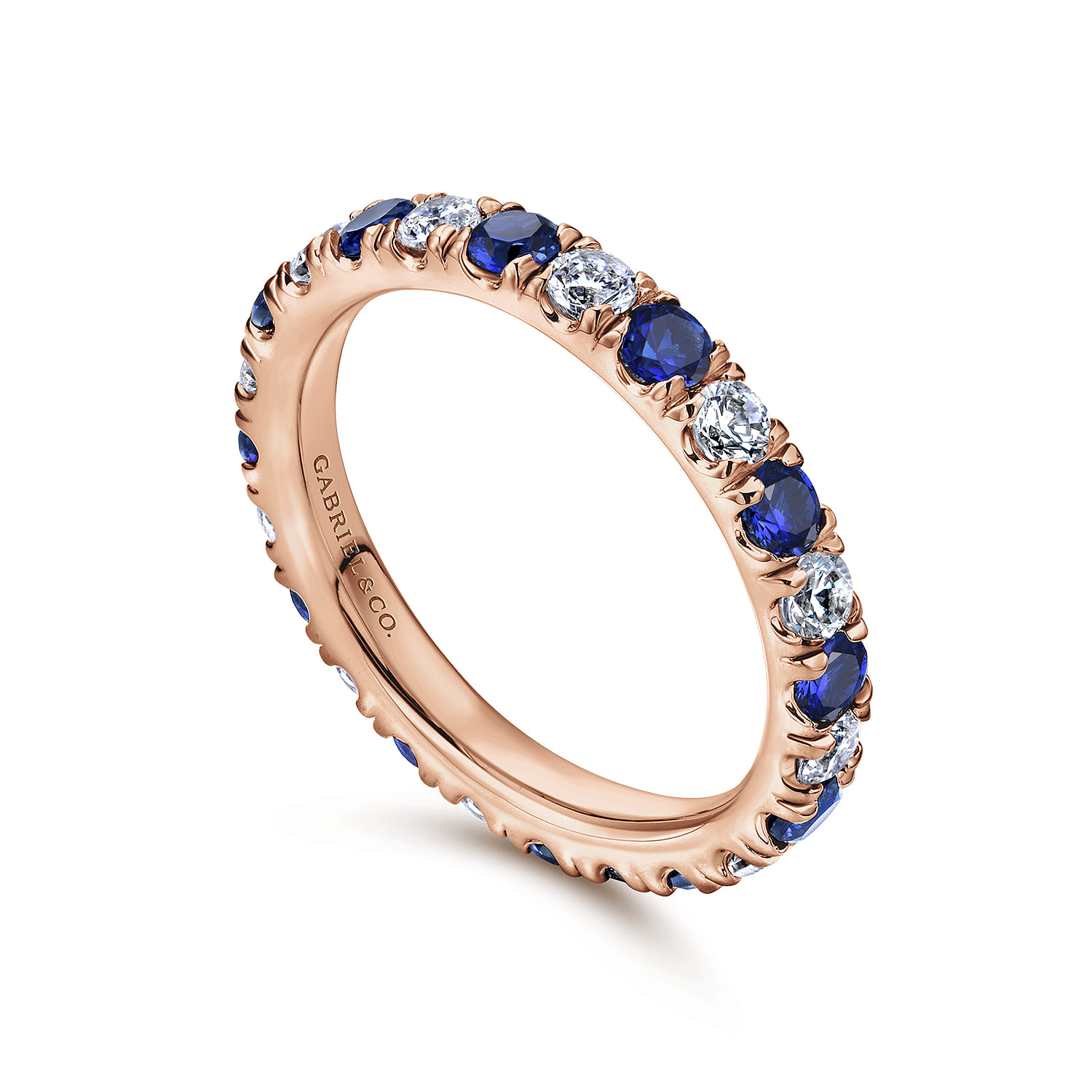 Eternity Band Wedding Ring in 14k Rose Gold with Round Sapphire at Gabriel & Co. - Shot 3