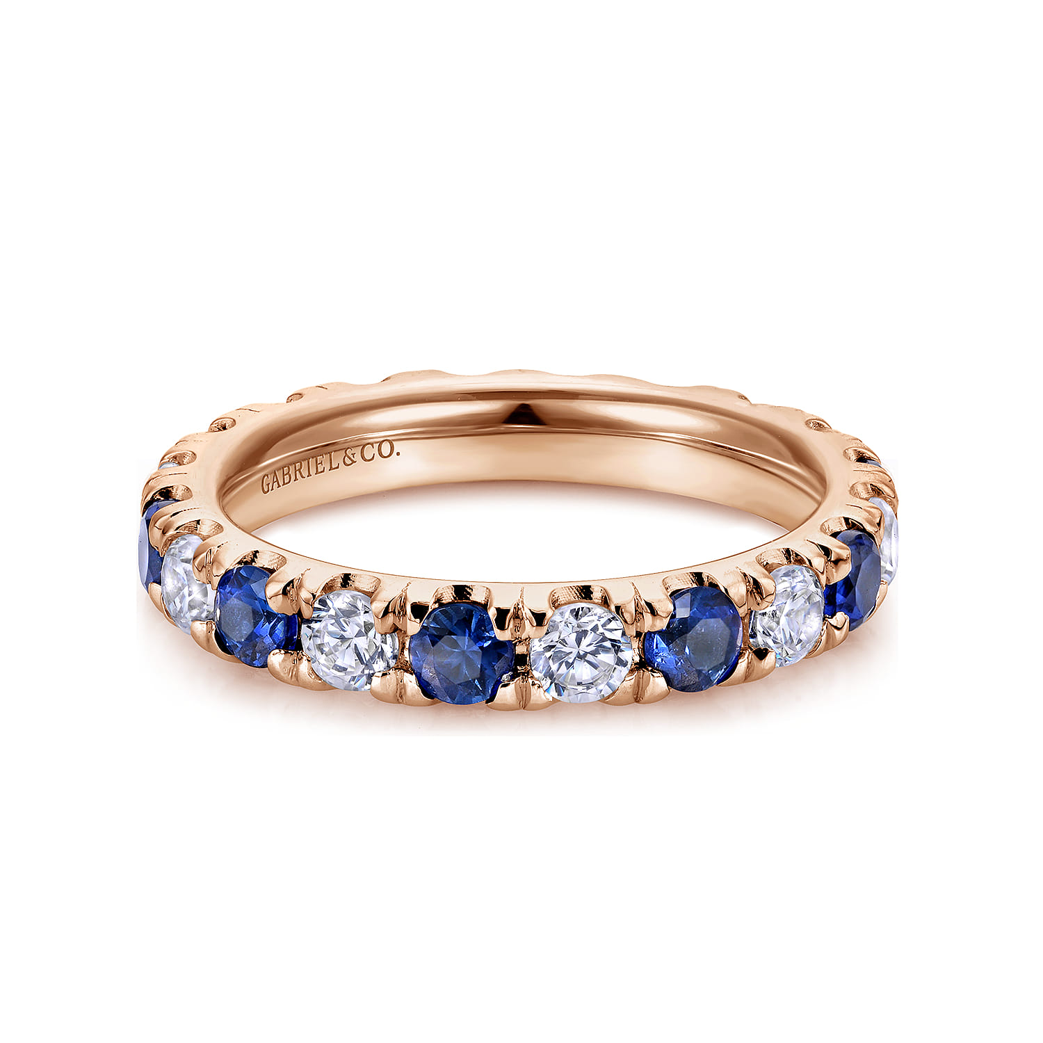 Eternity Band Wedding Ring in 14k Rose Gold with Round Sapphire at Gabriel & Co. - Shot 1