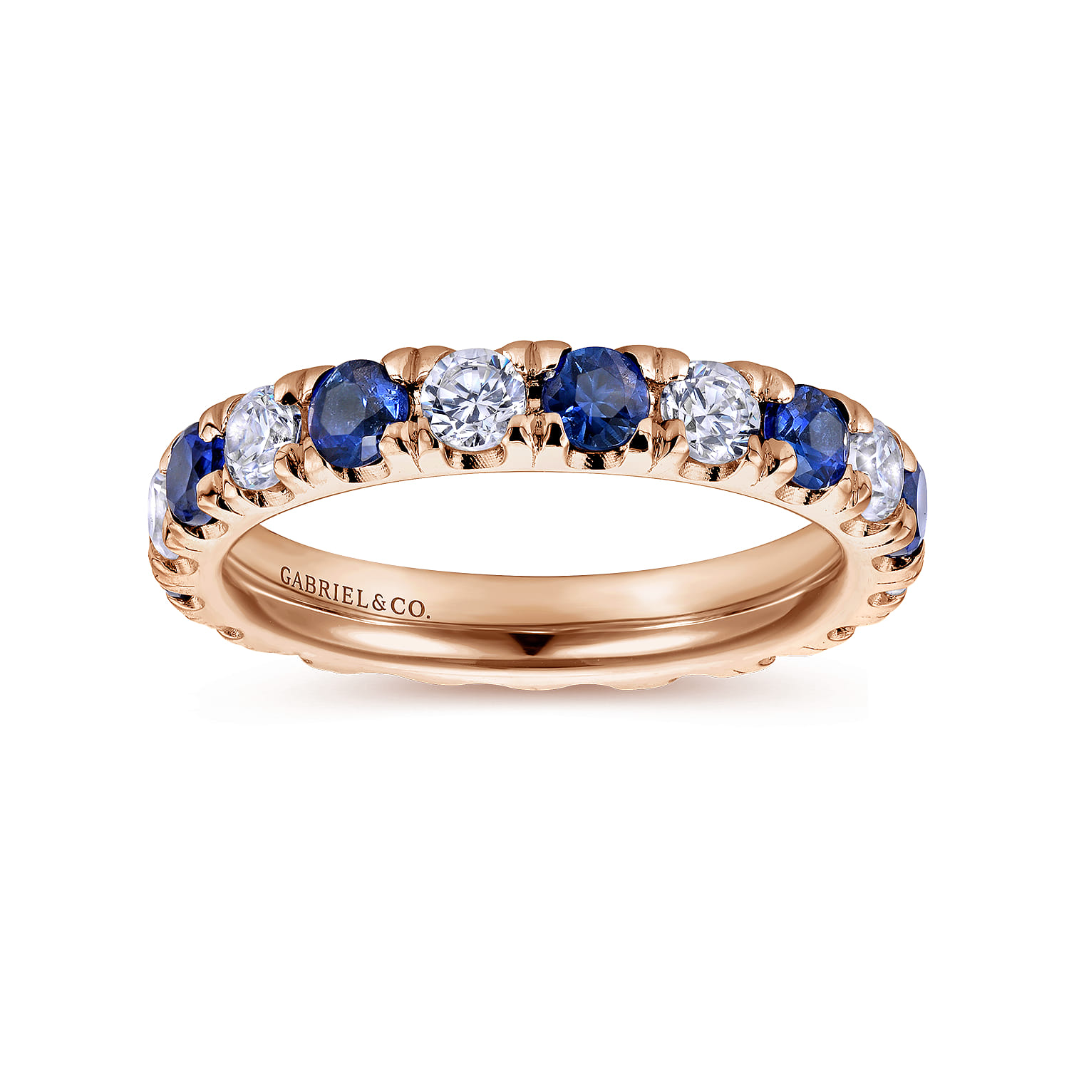 Eternity Band Wedding Ring in 14k Rose Gold with Round Sapphire at Gabriel & Co. - Shot 4