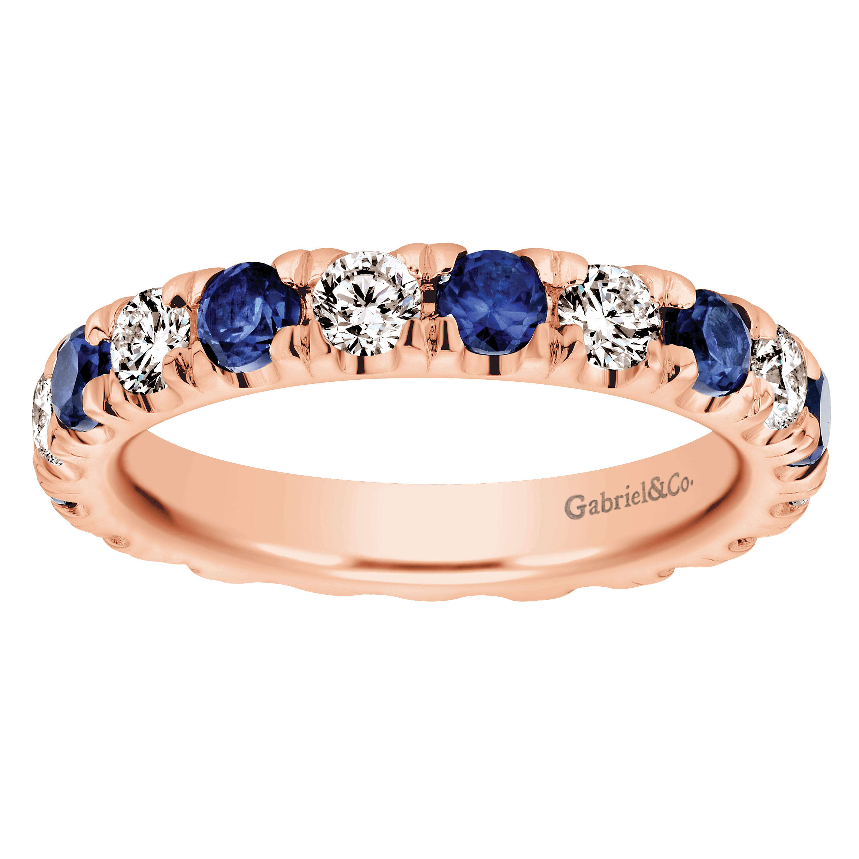 Eternity Band Wedding Ring in 14k Rose Gold with Round Sapphire at Gabriel & Co. - Shot 5
