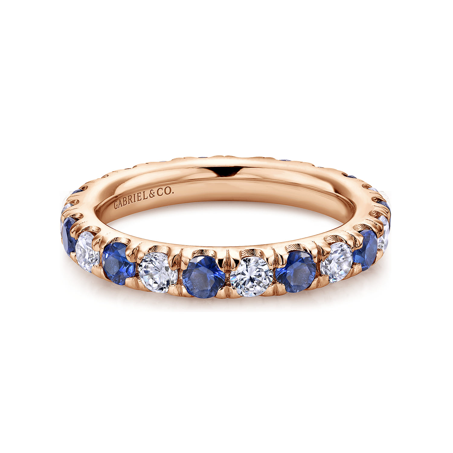 Eternity Band Wedding Ring in 14k Rose Gold with Round Sapphire at Gabriel & Co. - Shot 1