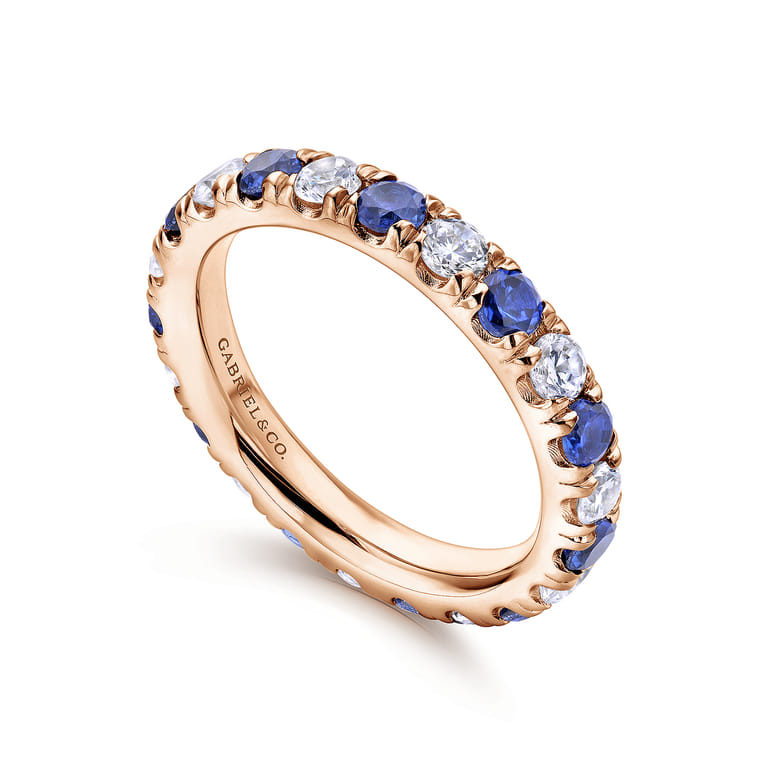 Eternity Band Wedding Ring in 14k Rose Gold with Round Sapphire at Gabriel & Co. - Shot 3