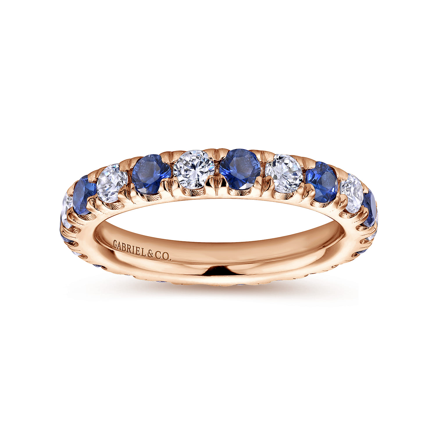 Eternity Band Wedding Ring in 14k Rose Gold with Round Sapphire at Gabriel & Co. - Shot 4
