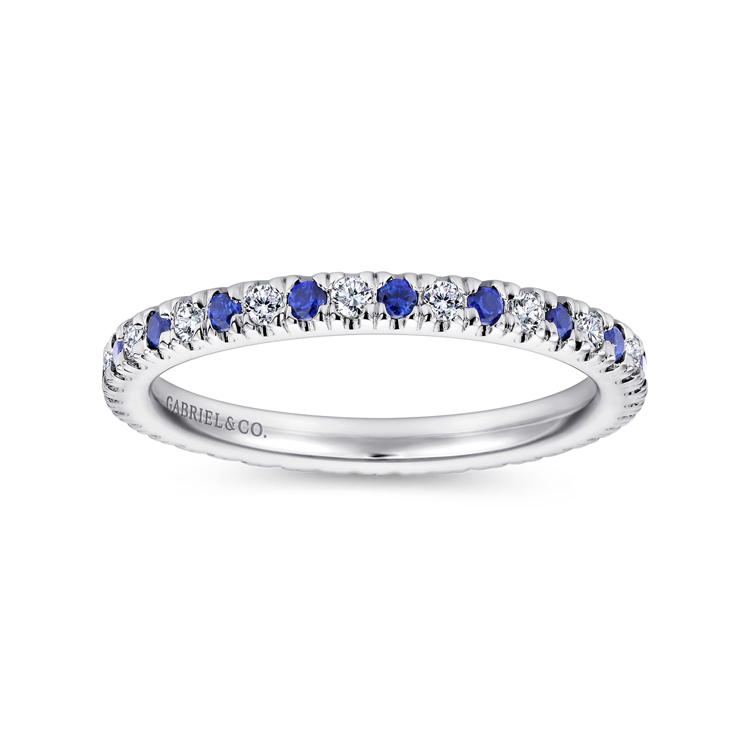 Eternity Band Wedding Ring in 14k White Gold with Round Sapphire at Gabriel & Co. - Shot 4