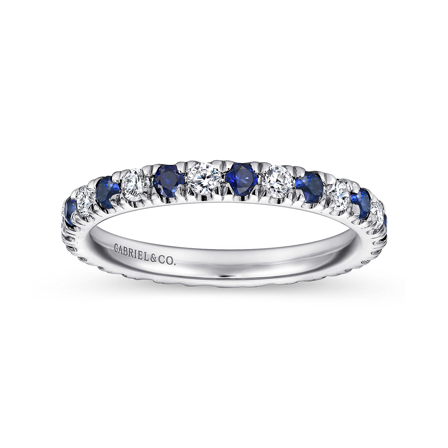 Eternity Band Wedding Ring in 14k White Gold with Round Sapphire at Gabriel & Co. - Shot 4