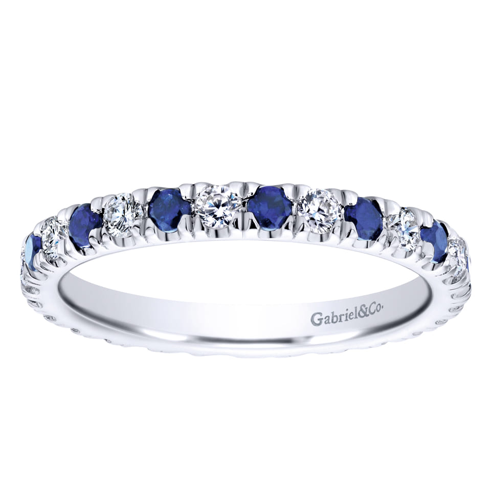 Eternity Band Wedding Ring in 14k White Gold with Round Sapphire at Gabriel & Co. - Shot 5