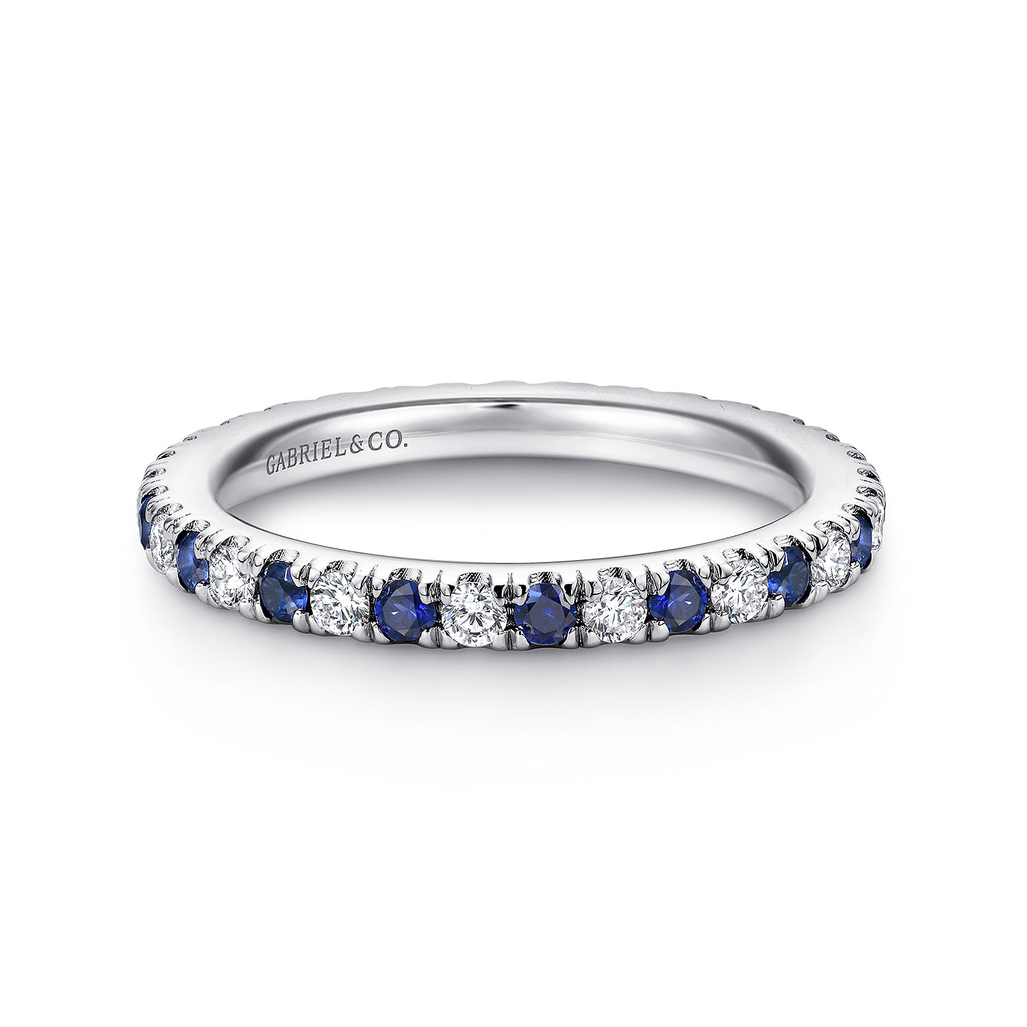 Eternity Band Wedding Ring in 14k White Gold with Round Sapphire at Gabriel & Co. - Shot 1
