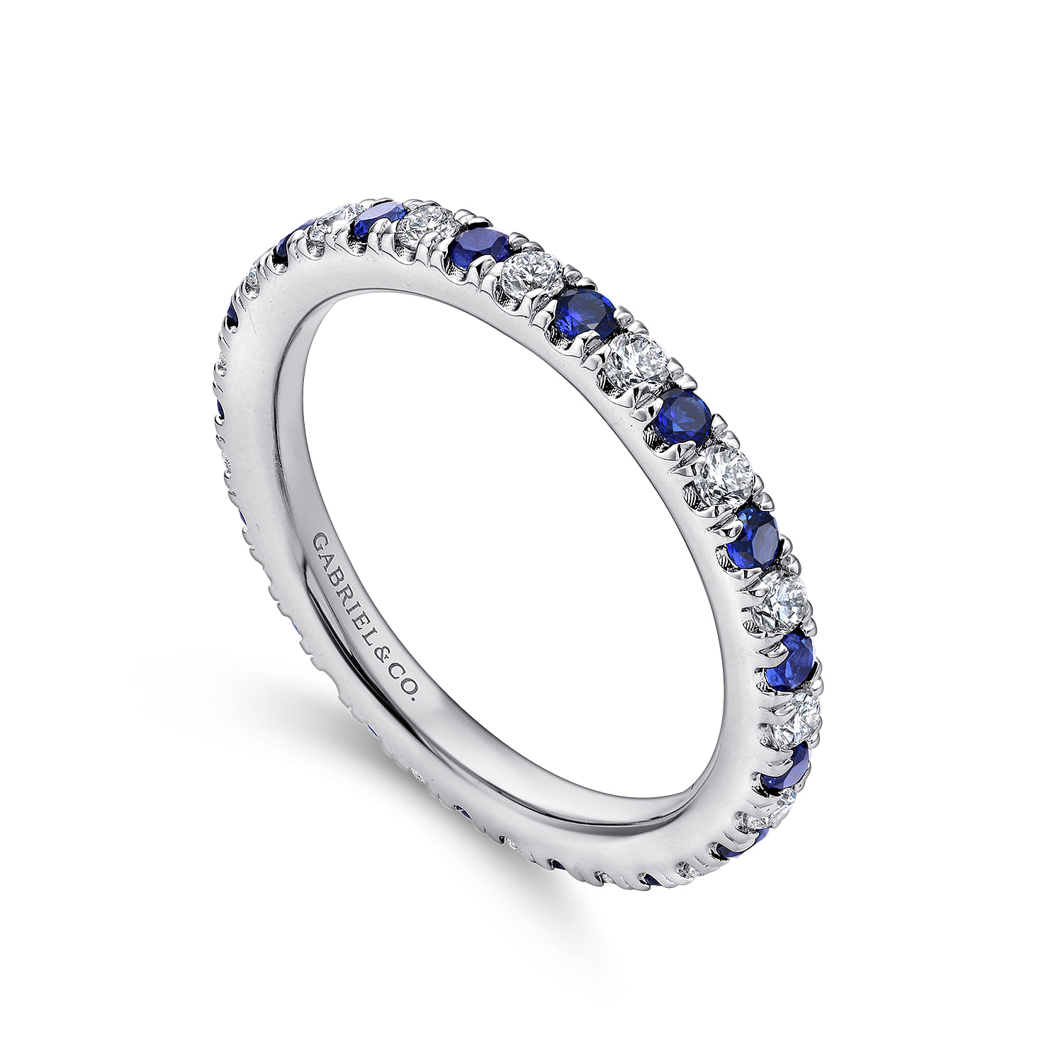 Eternity Band Wedding Ring in 14k White Gold with Round Sapphire at Gabriel & Co. - Shot 3