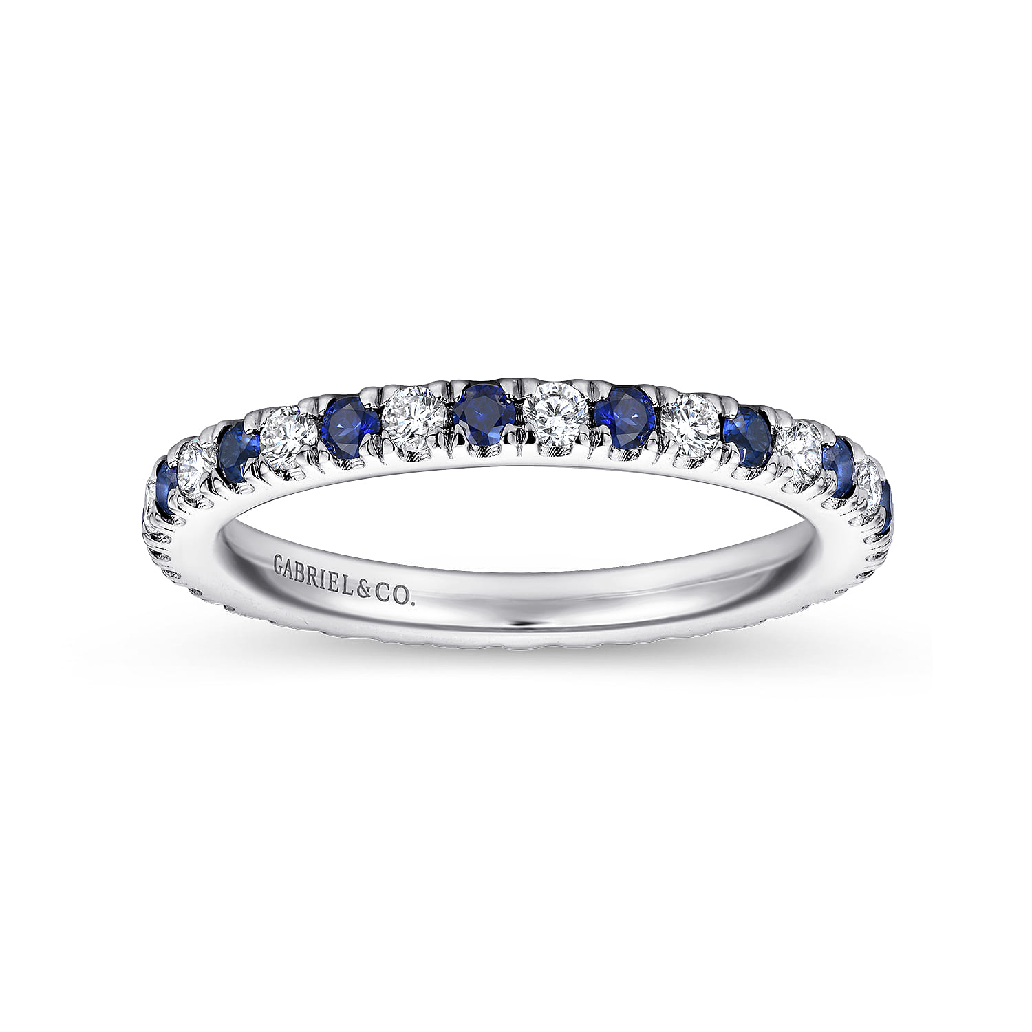 Eternity Band Wedding Ring in 14k White Gold with Round Sapphire at Gabriel & Co. - Shot 4