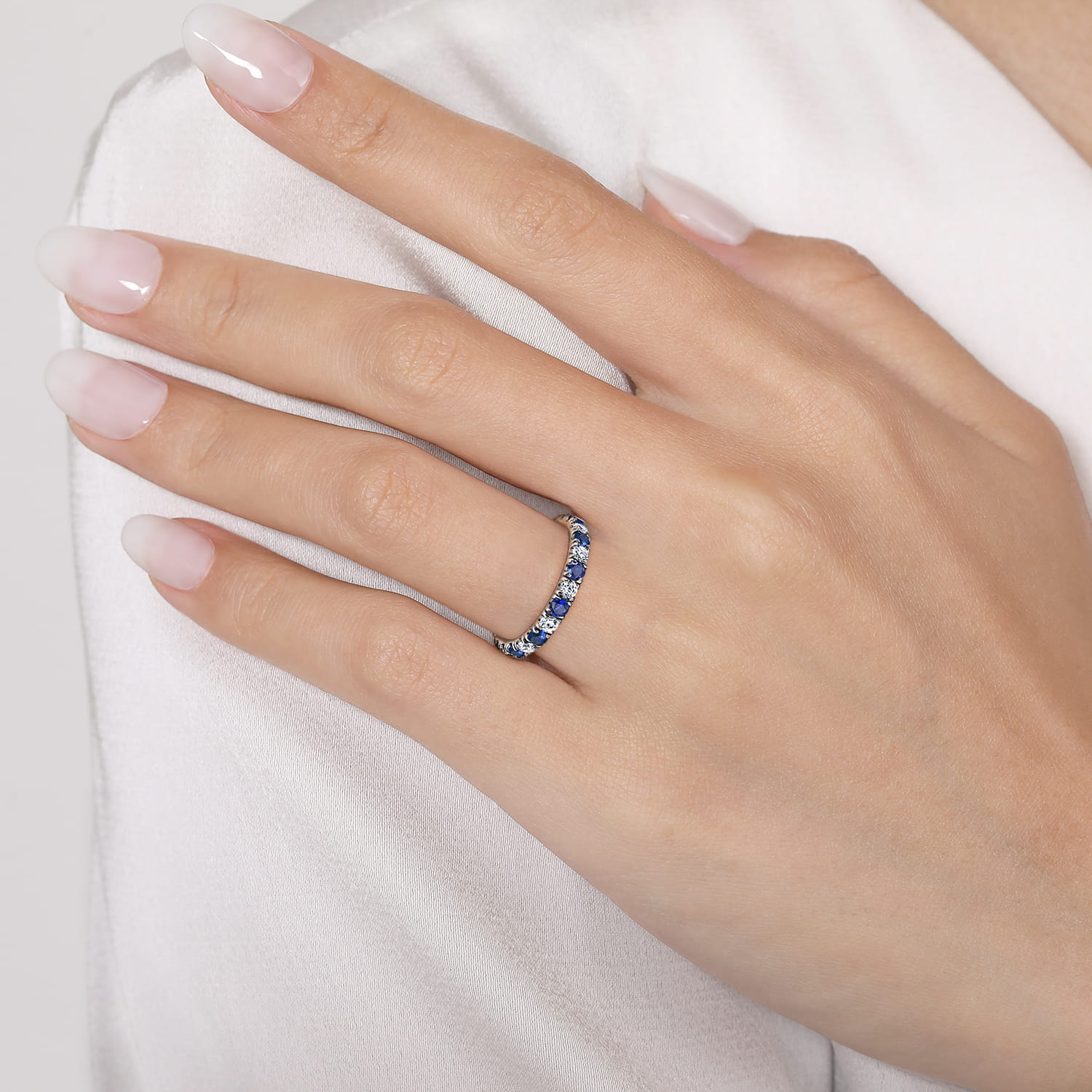 Bari - 14K White Gold French Pave Set Sapphire and Diamond Eternity Band