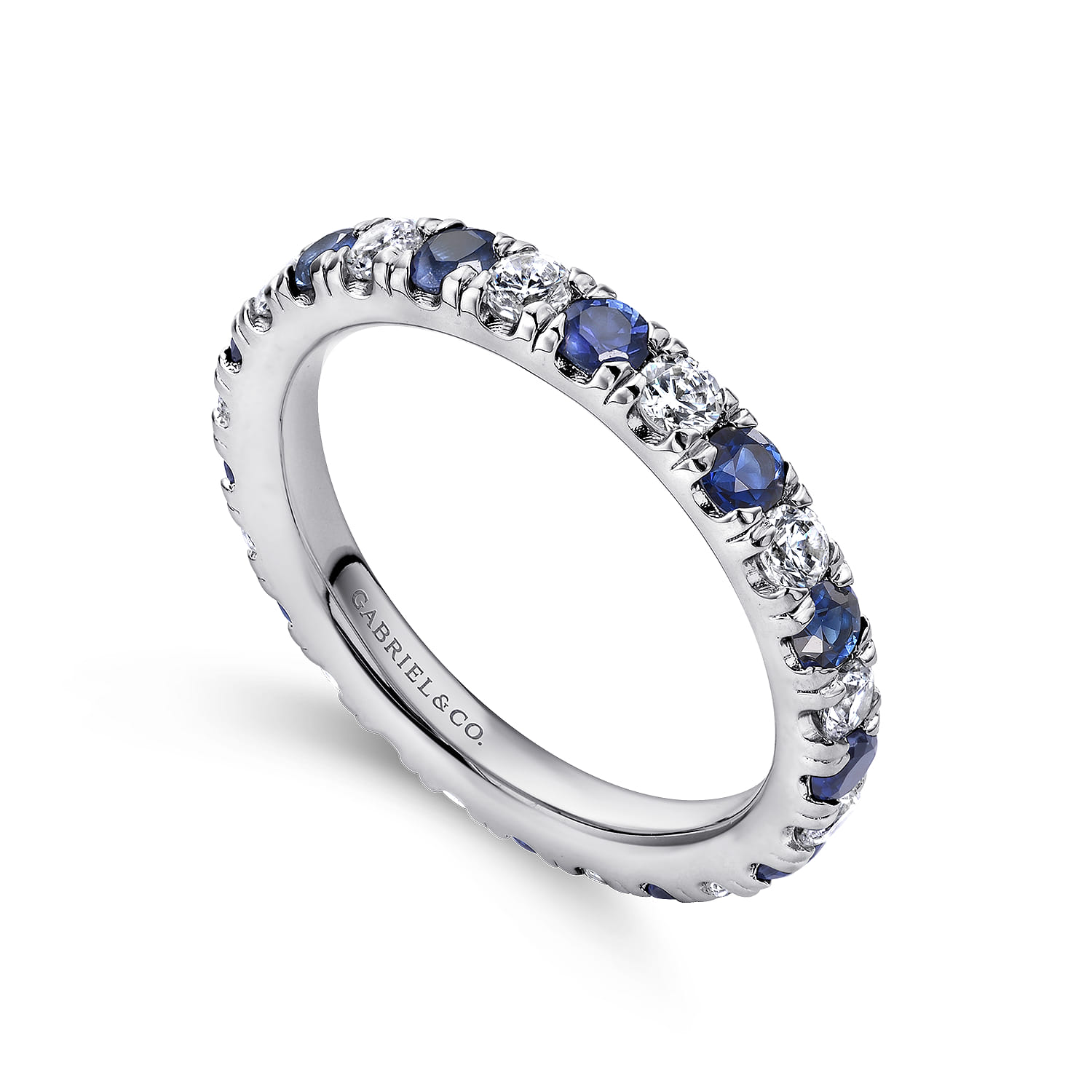 Eternity Band Wedding Ring in 14k White Gold with Round Sapphire at Gabriel & Co. - Shot 3