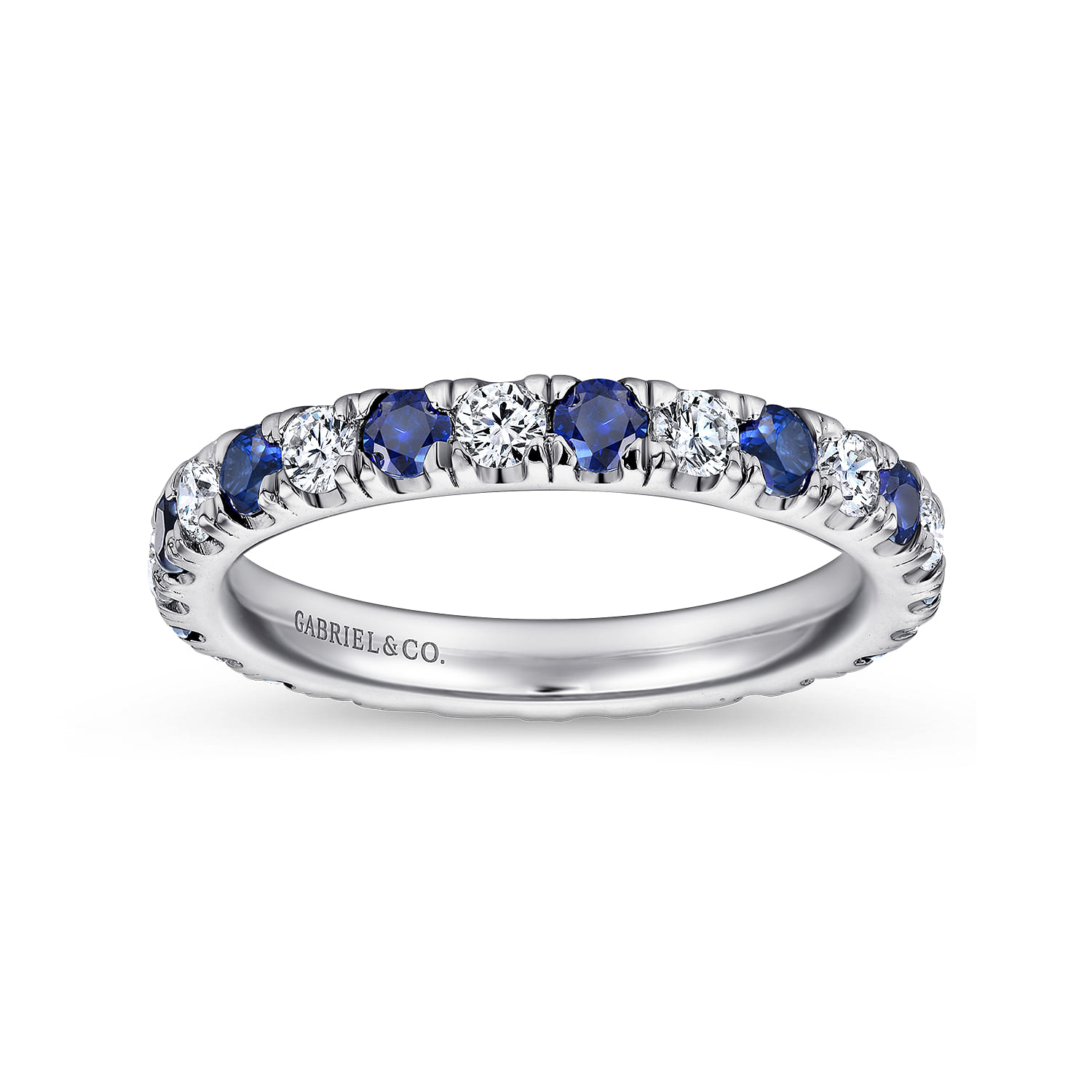 Eternity Band Wedding Ring in 14k White Gold with Round Sapphire at Gabriel & Co. - Shot 4
