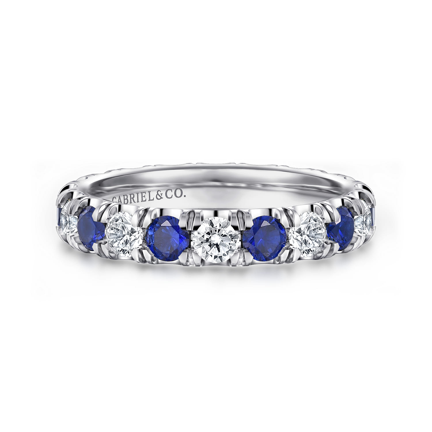 Eternity Band Wedding Ring in 14k White Gold with Round Sapphire at Gabriel & Co. - Shot 1
