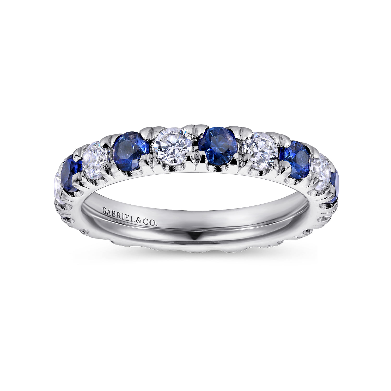 Eternity Band Wedding Ring in 14k White Gold with Round Sapphire at Gabriel & Co. - Shot 4