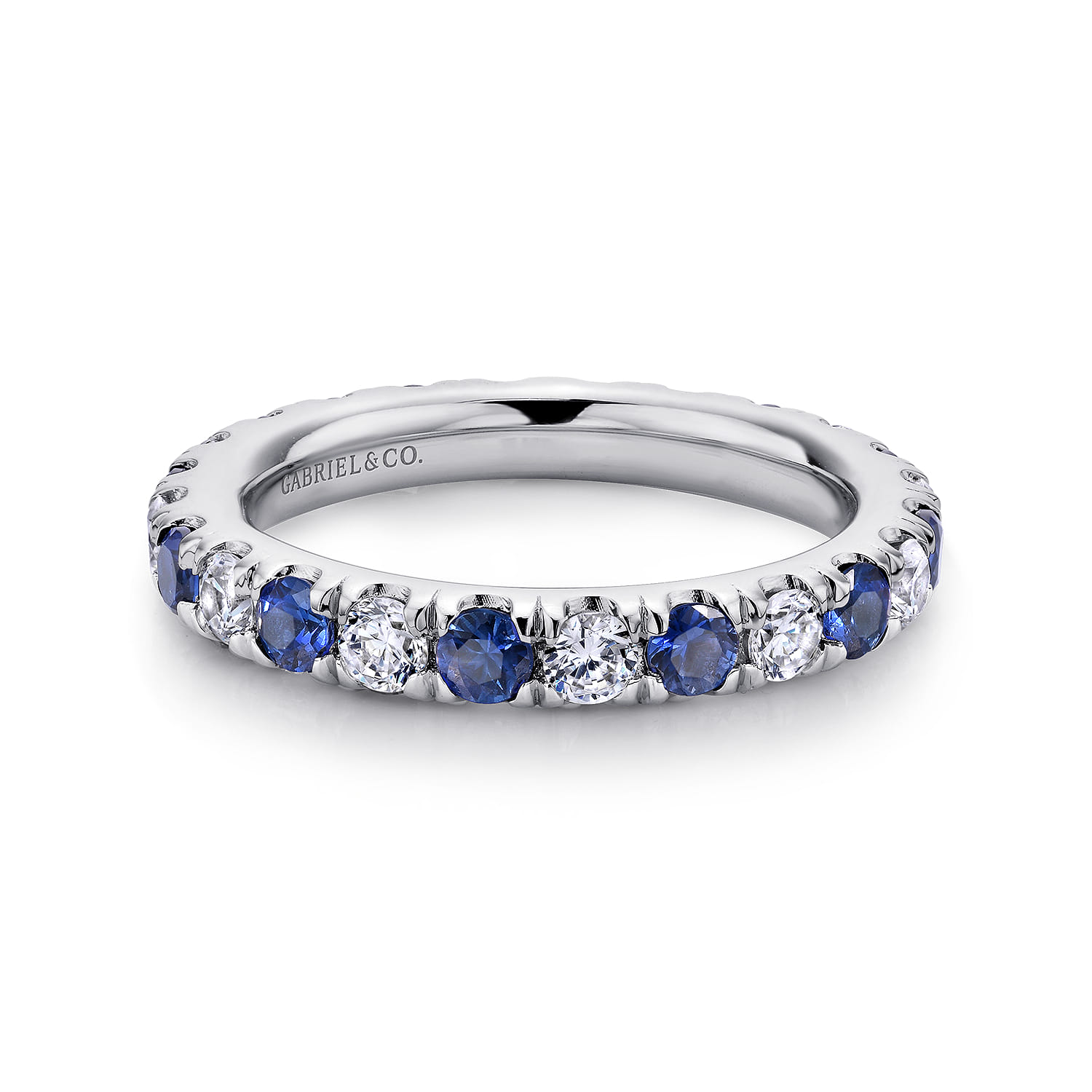 Eternity Band Wedding Ring in 14k White Gold with Round Sapphire at Gabriel & Co. - Shot 1