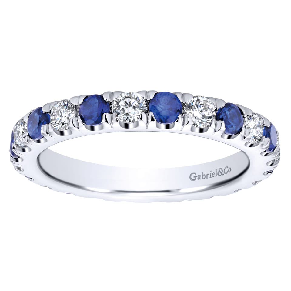 Eternity Band Wedding Ring in 14k White Gold with Round Sapphire at Gabriel & Co. - Shot 5
