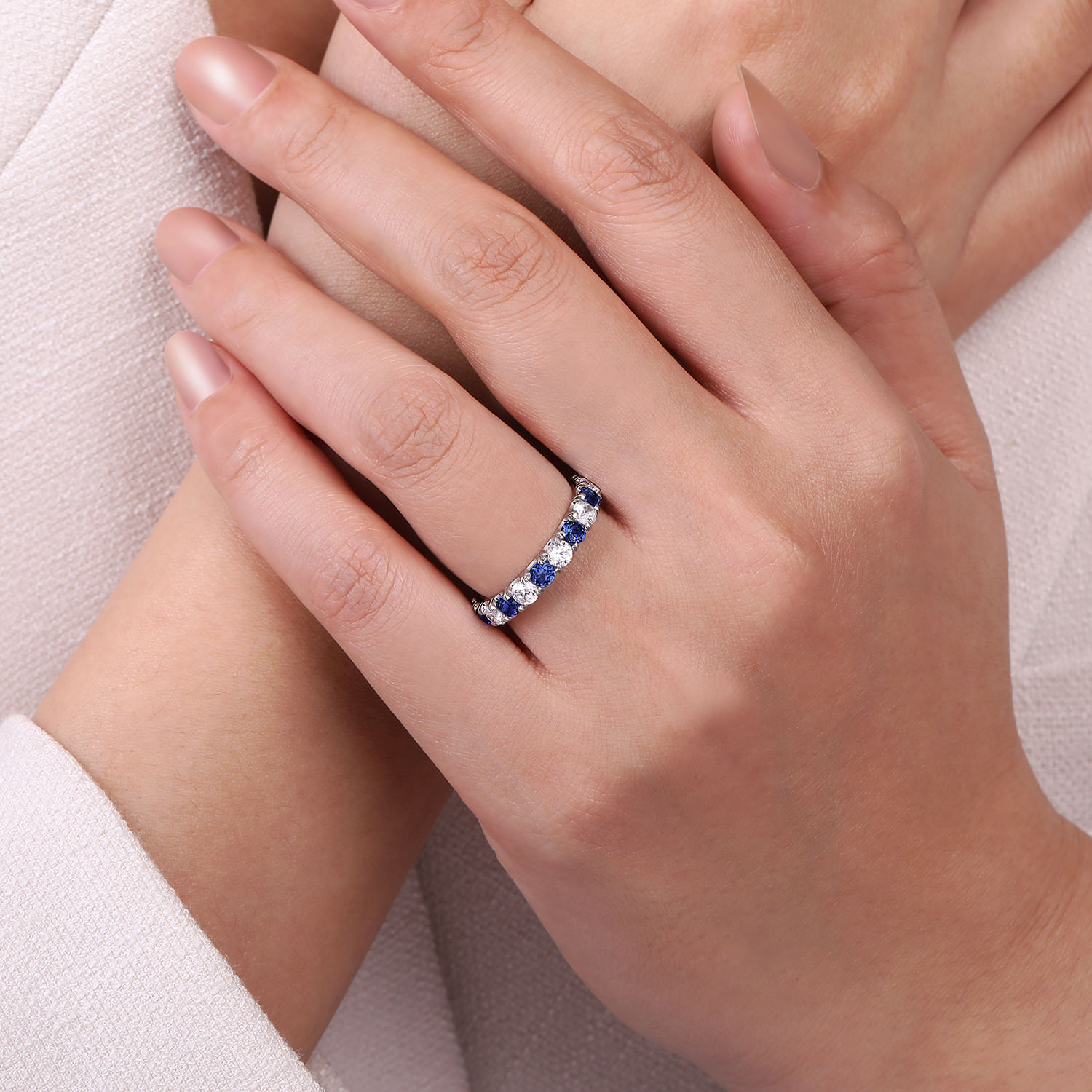 Bari - 14K White Gold French Pave Set Sapphire and Diamond Eternity Band