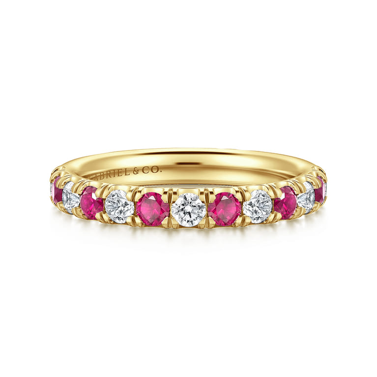 Straight Wedding Ring in 14k Yellow Gold with Round Sapphire at Gabriel & Co. - Shot 1