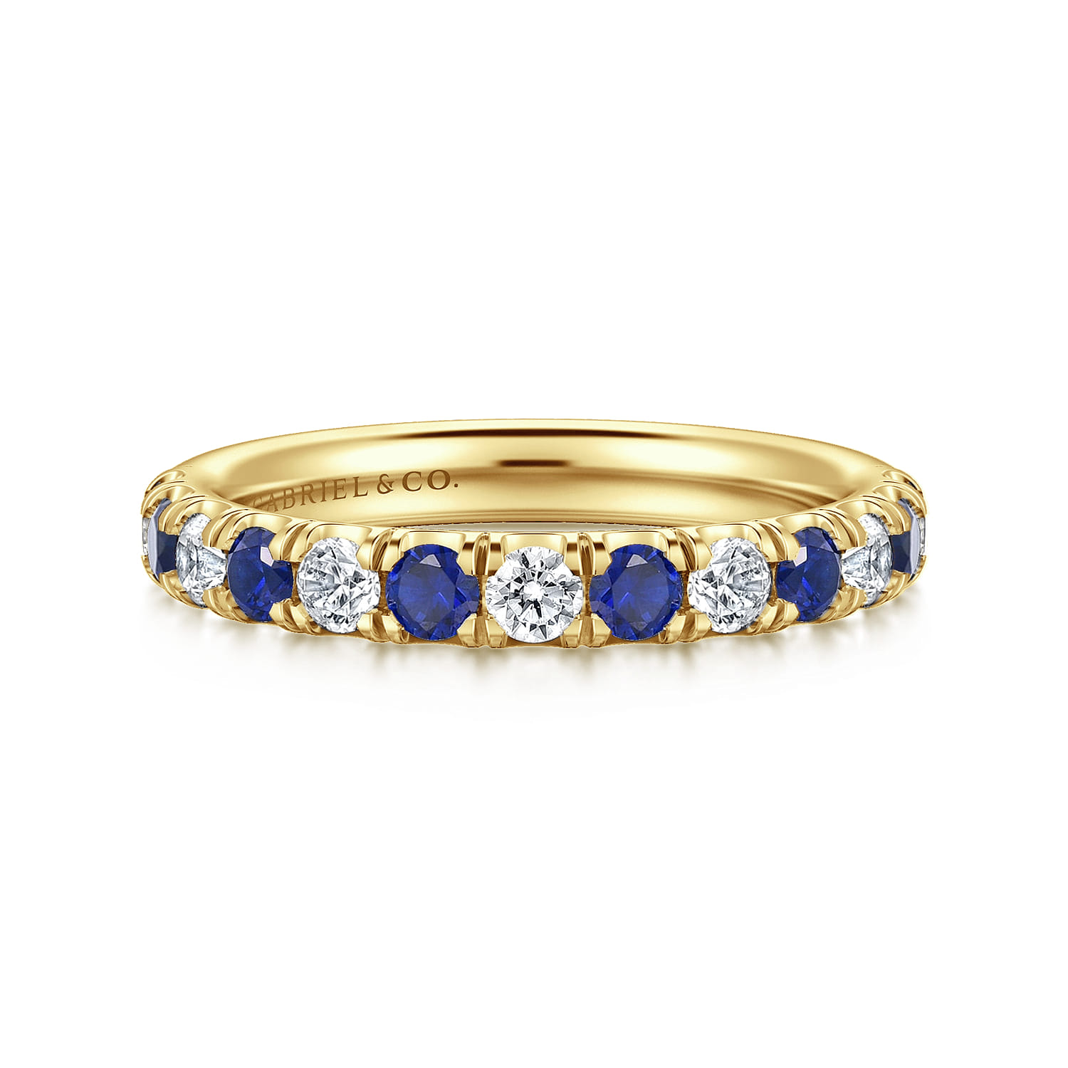 Straight Wedding Ring in 14k Yellow Gold with Round Sapphire at Gabriel & Co. - Shot 1