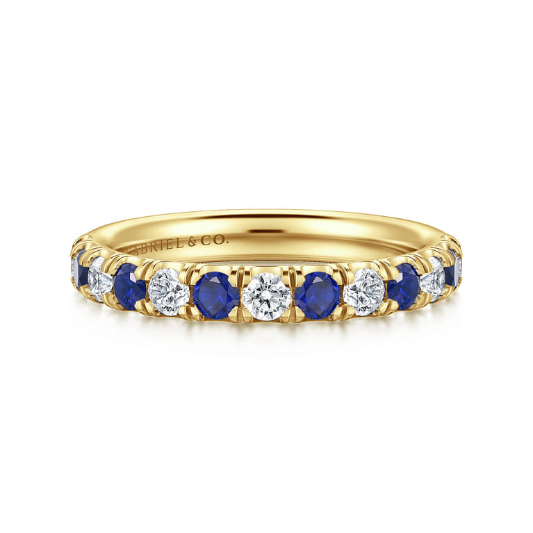 Straight Wedding Ring in 14k Yellow Gold with Round Sapphire at Gabriel & Co. - Shot 1