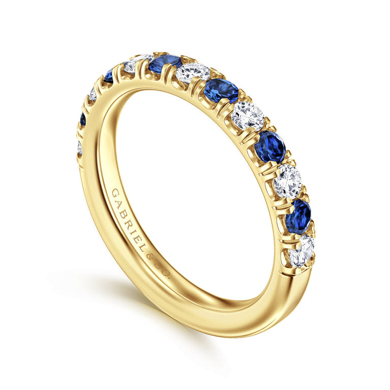 Straight Wedding Ring in 14k Yellow Gold with Round Sapphire at Gabriel & Co. - Shot 3