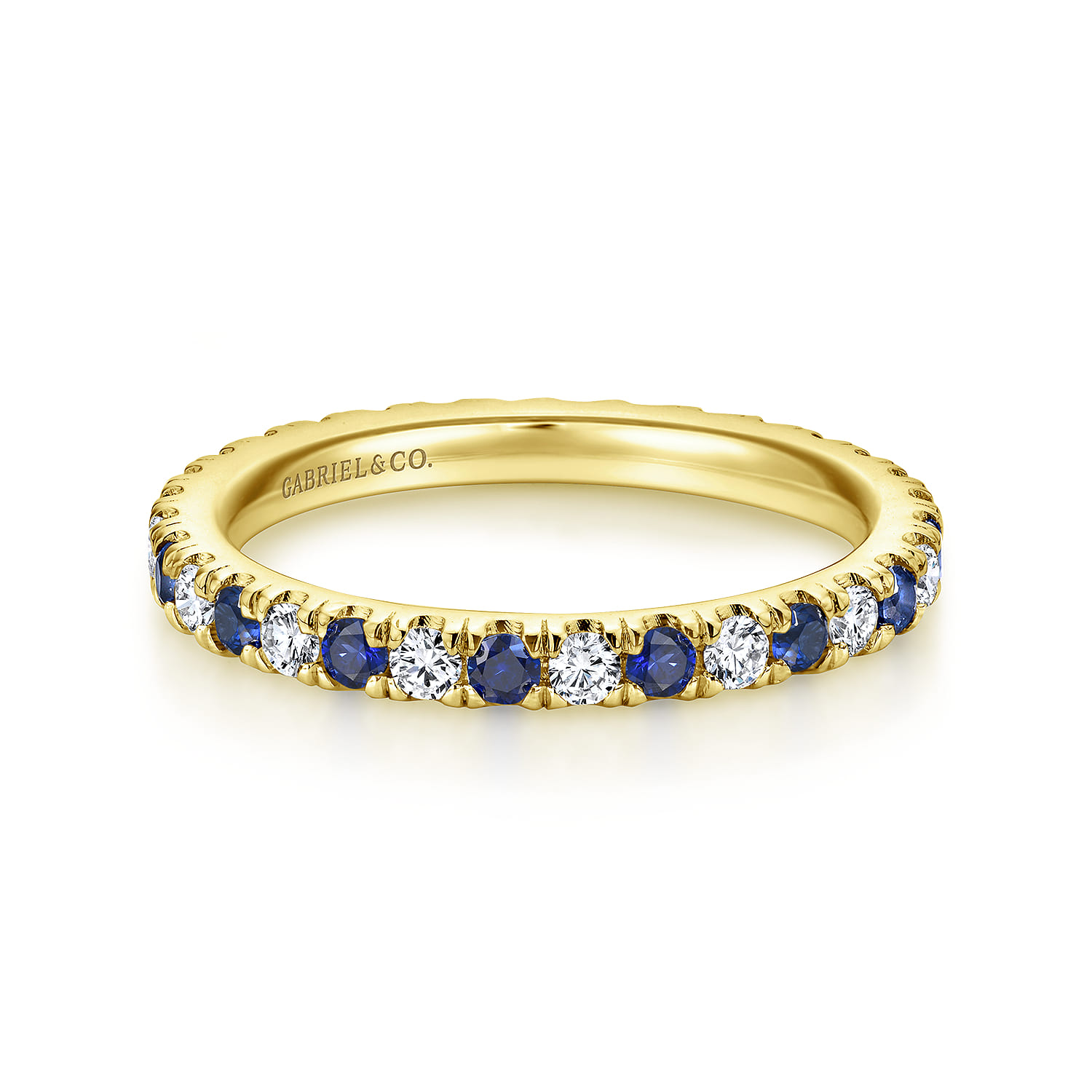 Eternity Band Wedding Ring in 14k Yellow Gold with Round Sapphire at Gabriel & Co. - Shot 1