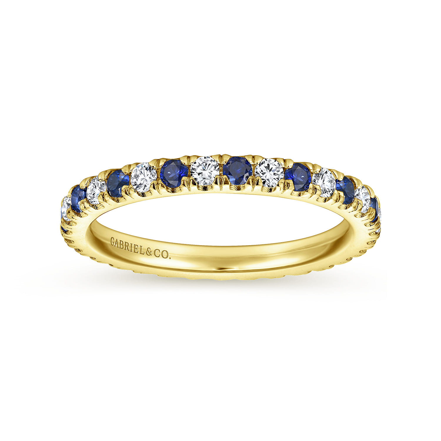 Eternity Band Wedding Ring in 14k Yellow Gold with Round Sapphire at Gabriel & Co. - Shot 4