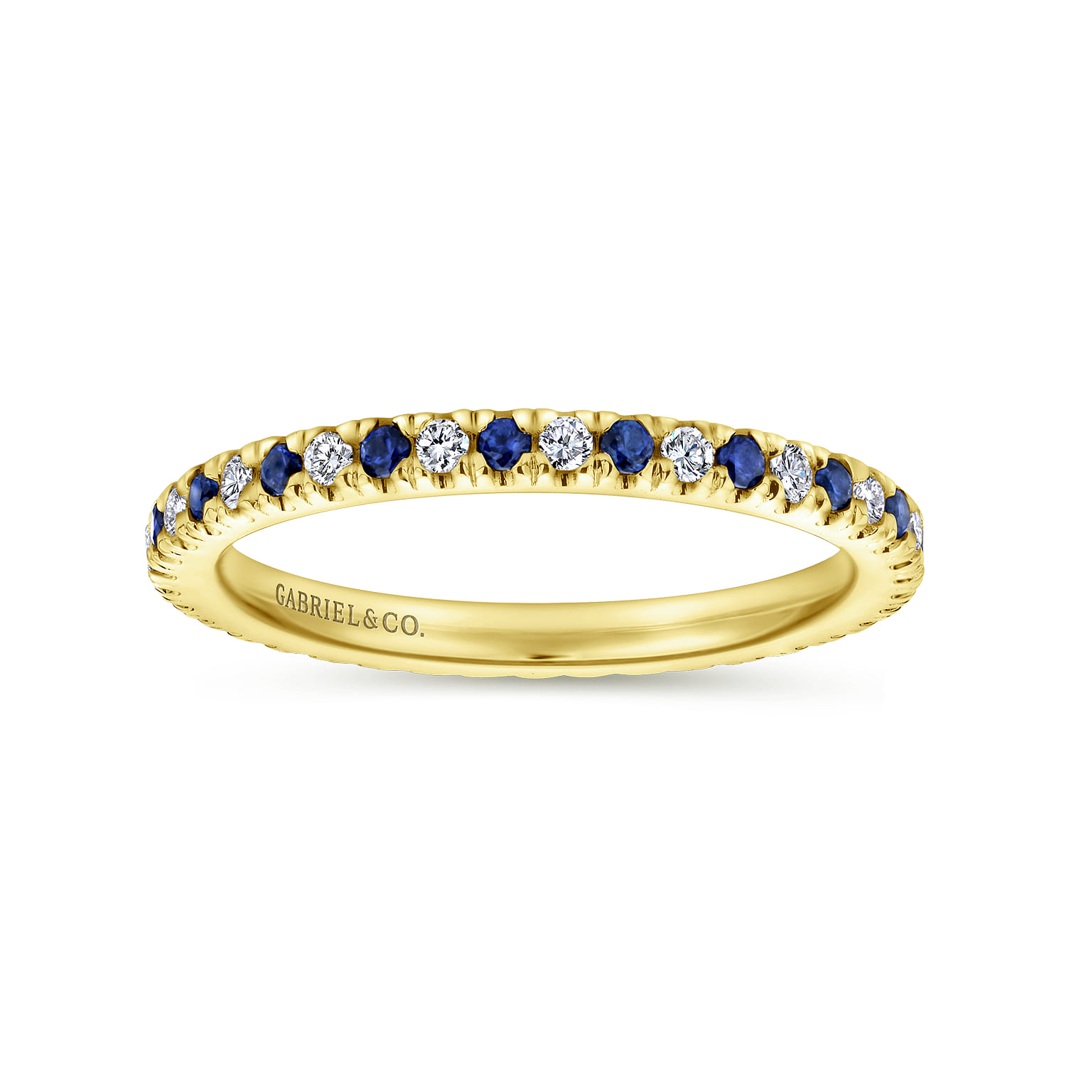 Eternity Band Wedding Ring in 14k Yellow Gold with Round Sapphire at Gabriel & Co. - Shot 4