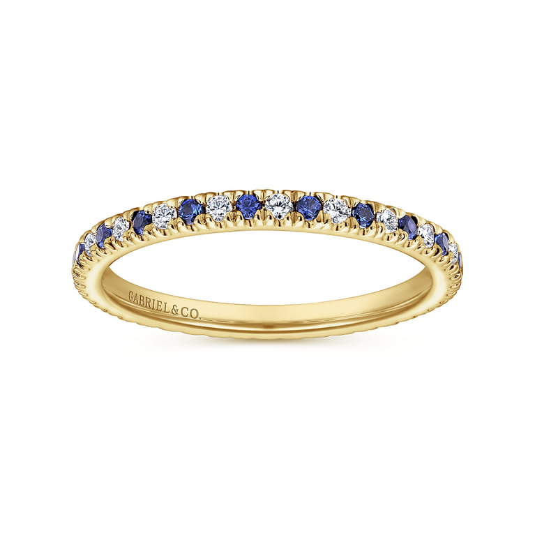 Eternity Band Wedding Ring in 14k Yellow Gold with Round Sapphire at Gabriel & Co. - Shot 4