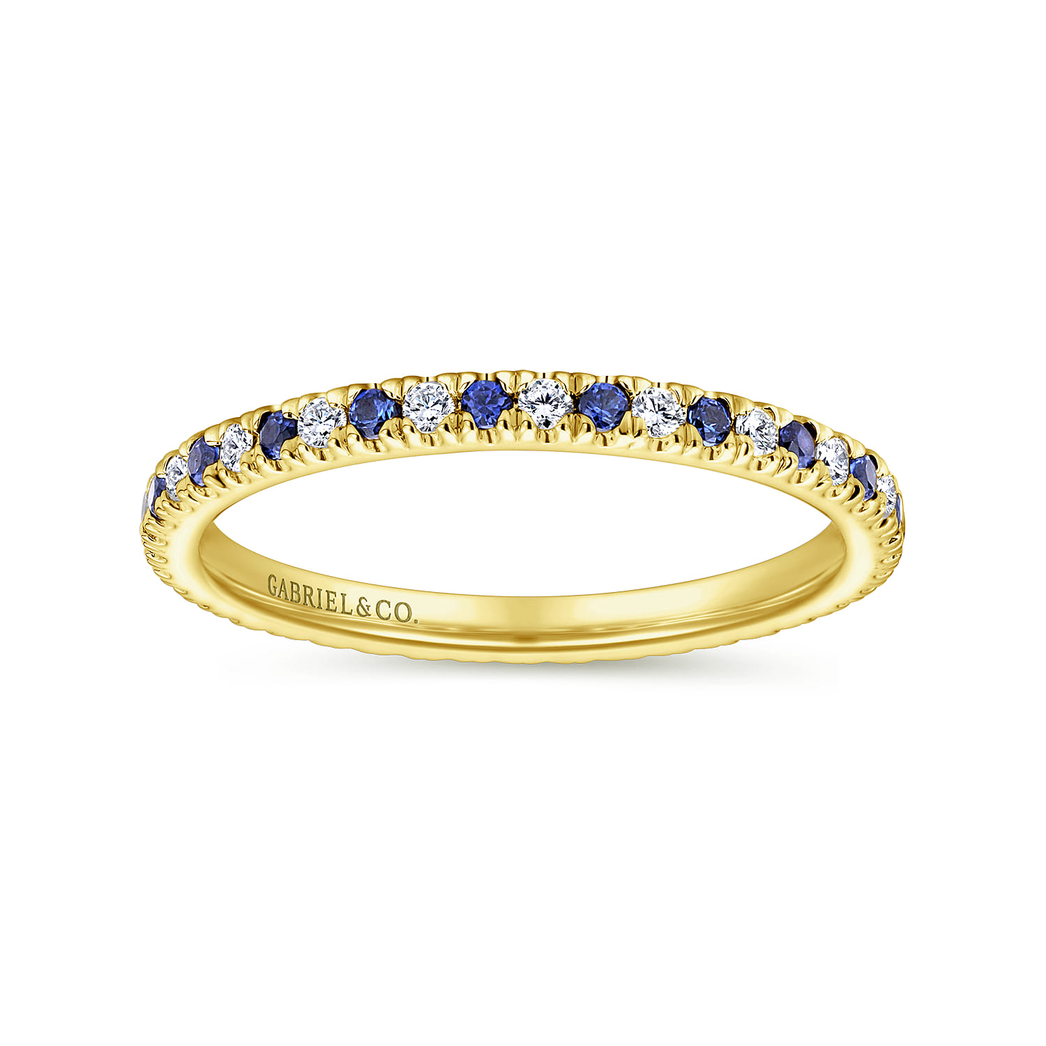 Eternity Band Wedding Ring in 14k Yellow Gold with Round Sapphire at Gabriel & Co. - Shot 5