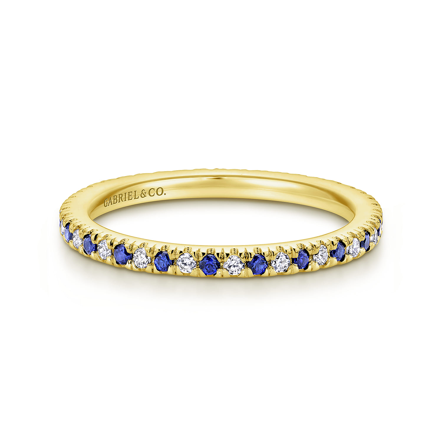 Eternity Band Wedding Ring in 14k Yellow Gold with Round Sapphire at Gabriel & Co. - Shot 1